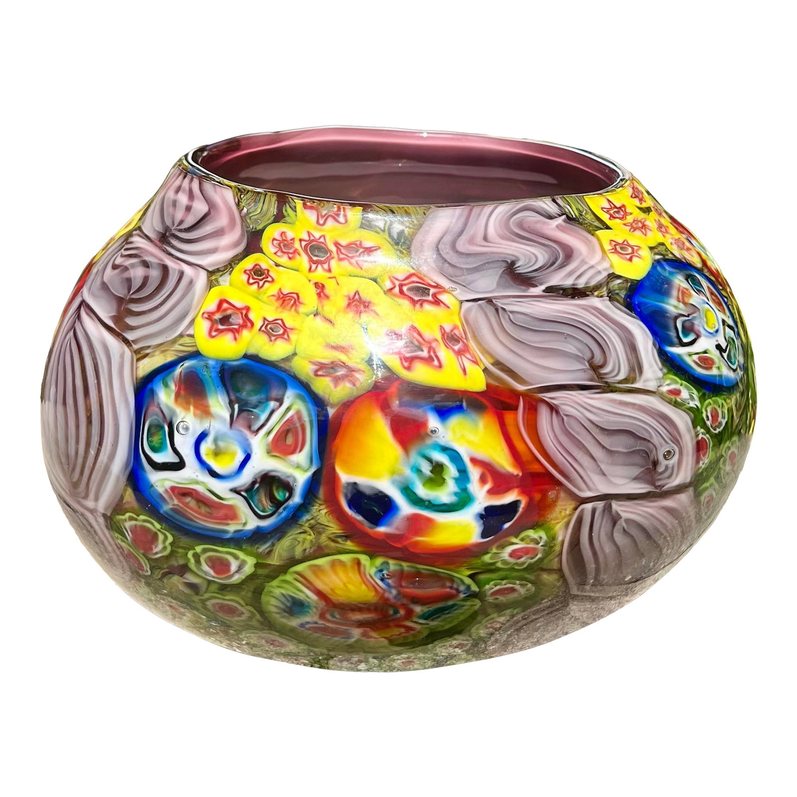 Late 20th Century Murano Millefiori Art Glass Vase: Murano Millefiori art glass vase with gold flecks. Hand crafted by Murano artisans with Murrine which are artfully placed one by one in a hot plate and afterwards melted together creating an artful