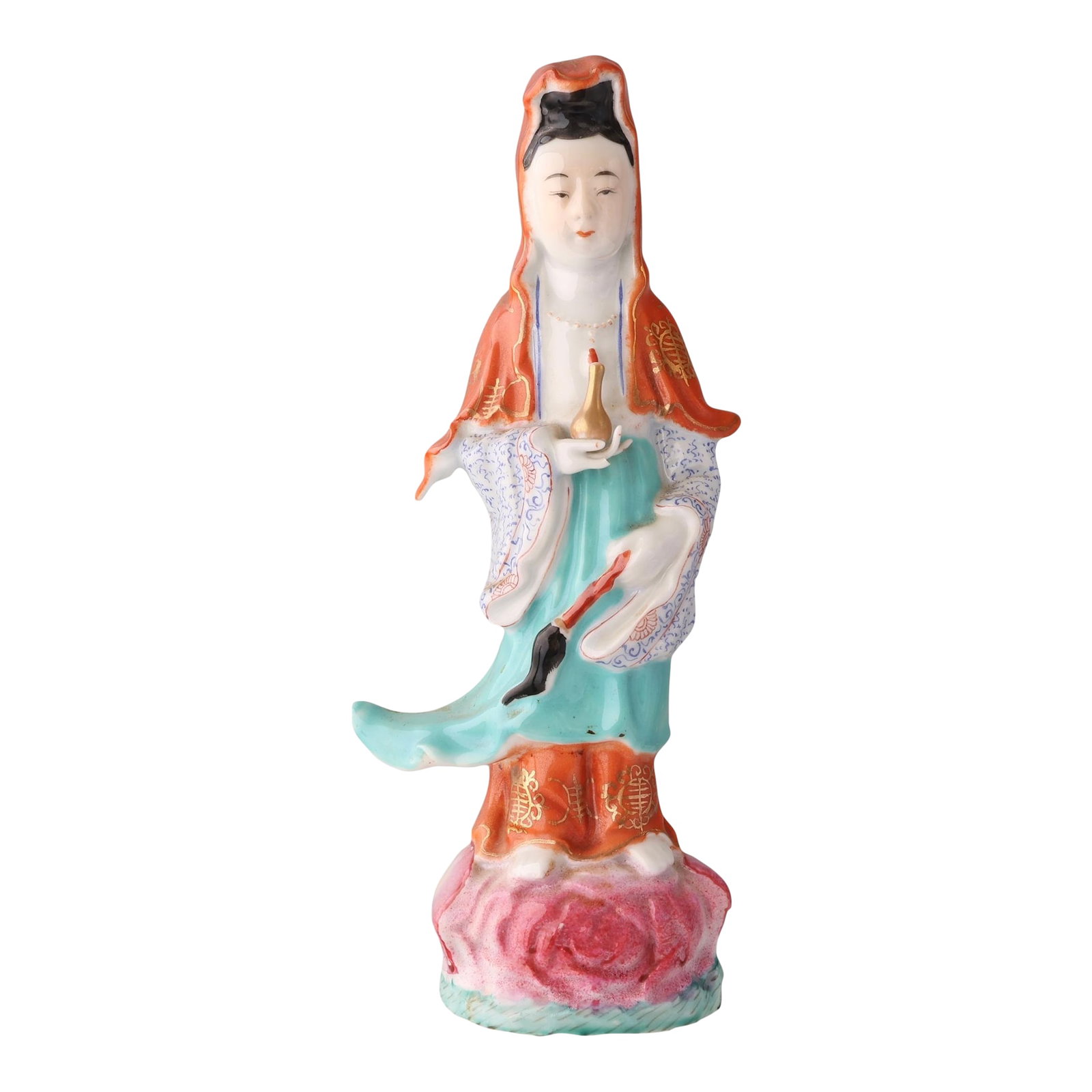 Chinese Porcelain Figurine of Guanyin: Hand-painted Chinese porcelain figurine of Guanyin, the Goddess of Mercy, rendered in a vibrant famille rose palette. She holds a sacred vase and stands atop a blooming lotus pedestal, with graceful