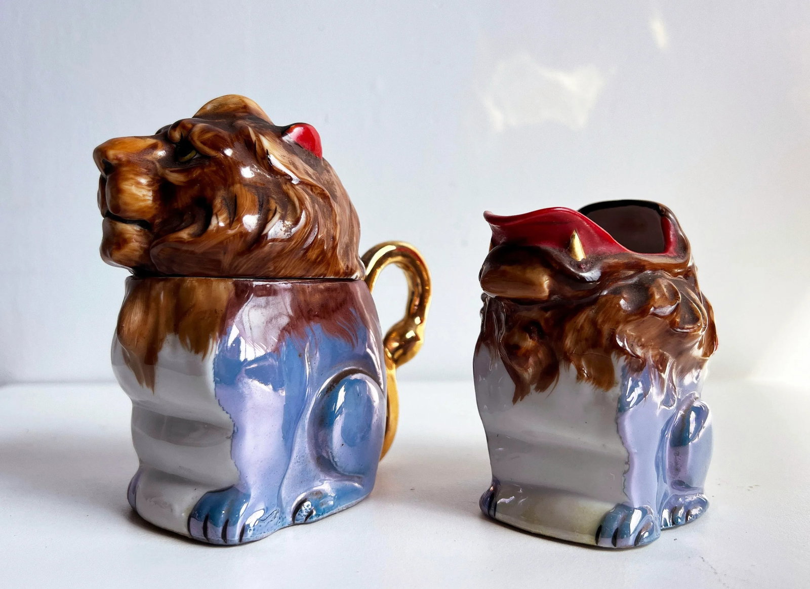 Vintage 1940's Japanese Lusterware Porcelain Lion Creamer and Sugar Set - A Pair - 2