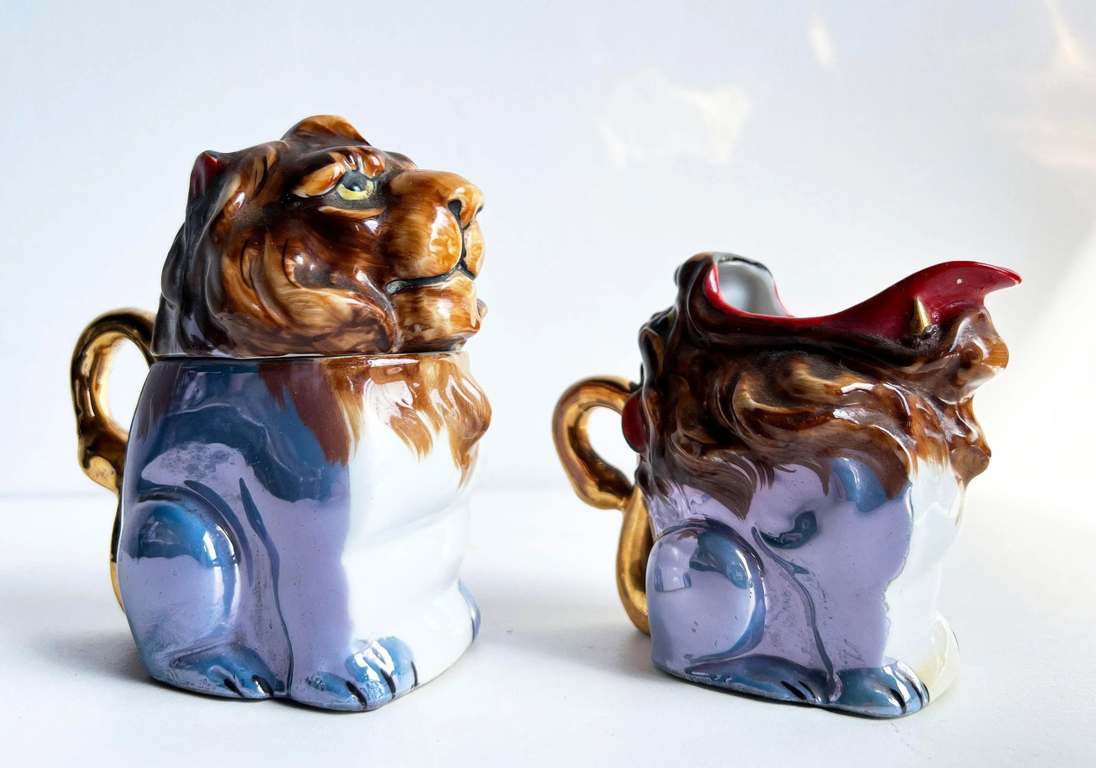 Vintage 1940's Japanese Lusterware Porcelain Lion Creamer and Sugar Set - A Pair - 3