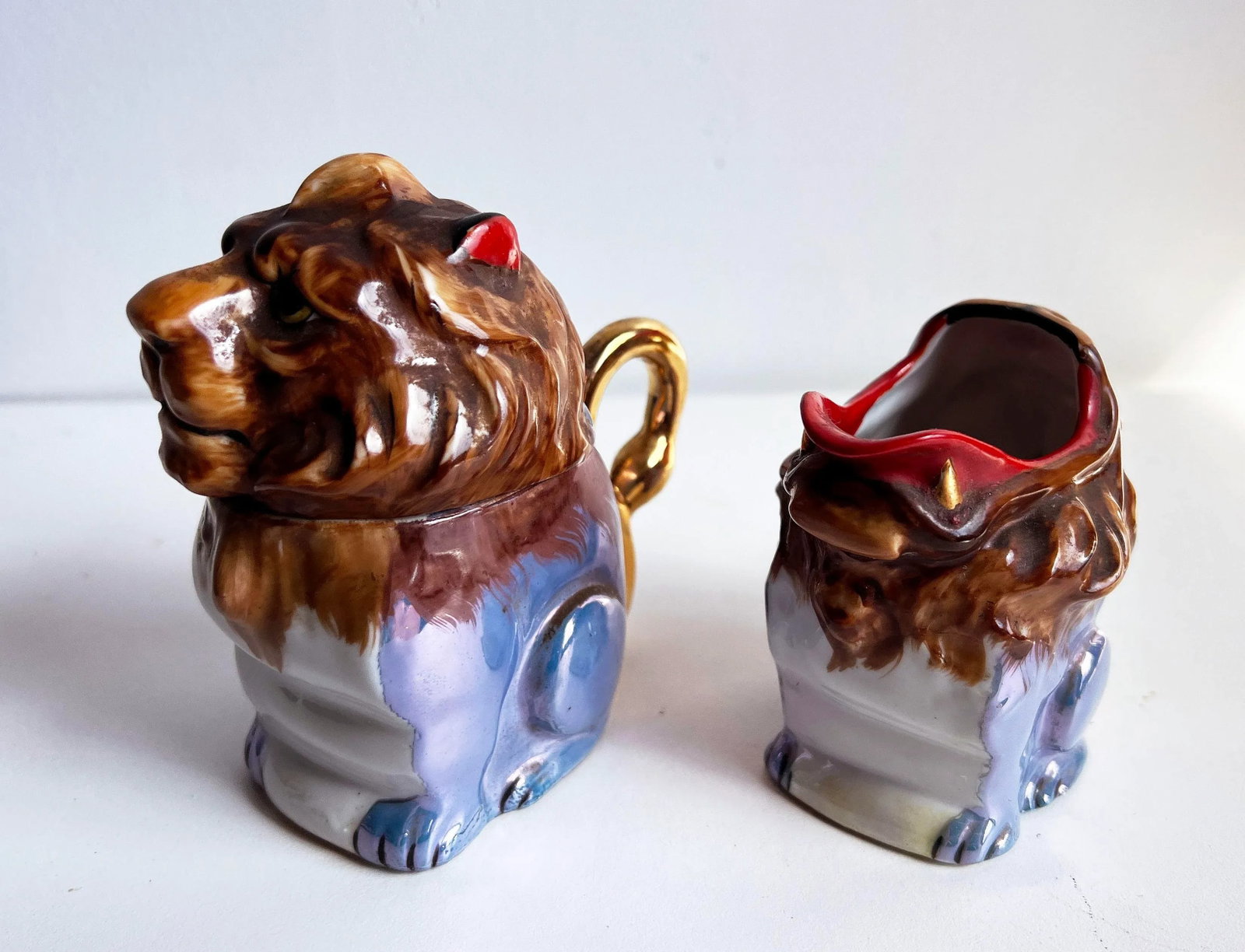 Vintage 1940's Japanese Lusterware Porcelain Lion Creamer and Sugar Set - A Pair - 7