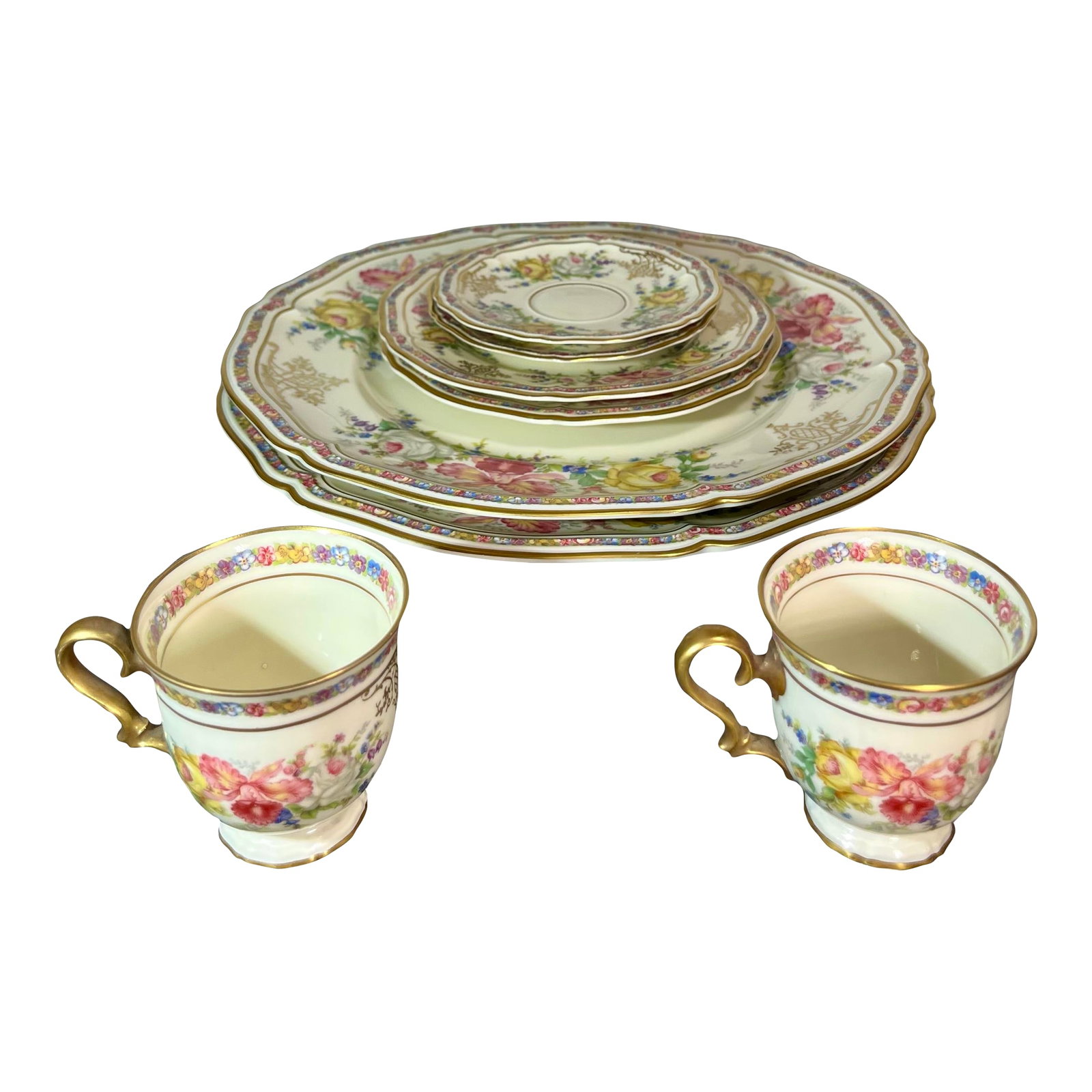 Mid 20th Century Rosenthal Bavaria Evelyn Demitasse Cup & Plate Set- 8 Pieces: Ivory background with pink and yellow florals and gold scrolls. Includes: (2) Demitasse cups- (2) Saucers- (2) Side/bread plates- 6"L (2) Dinner plates- 10.5"L Condition: Alterations: Original