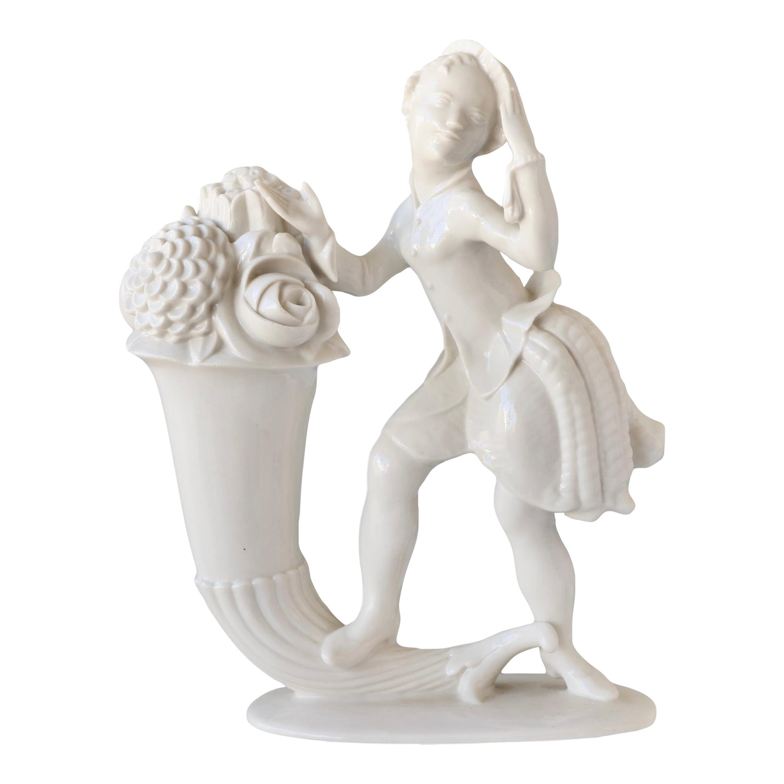 Schwarzburg Pfeiffer Porcelain Figurine: Rare early 20th-century porcelain figurine from Schwarzburger Werkstatten fur Porzellankunst, Germany. Designed by Mauritius Pfeiffer (signed at base), this delicate figural composition features a