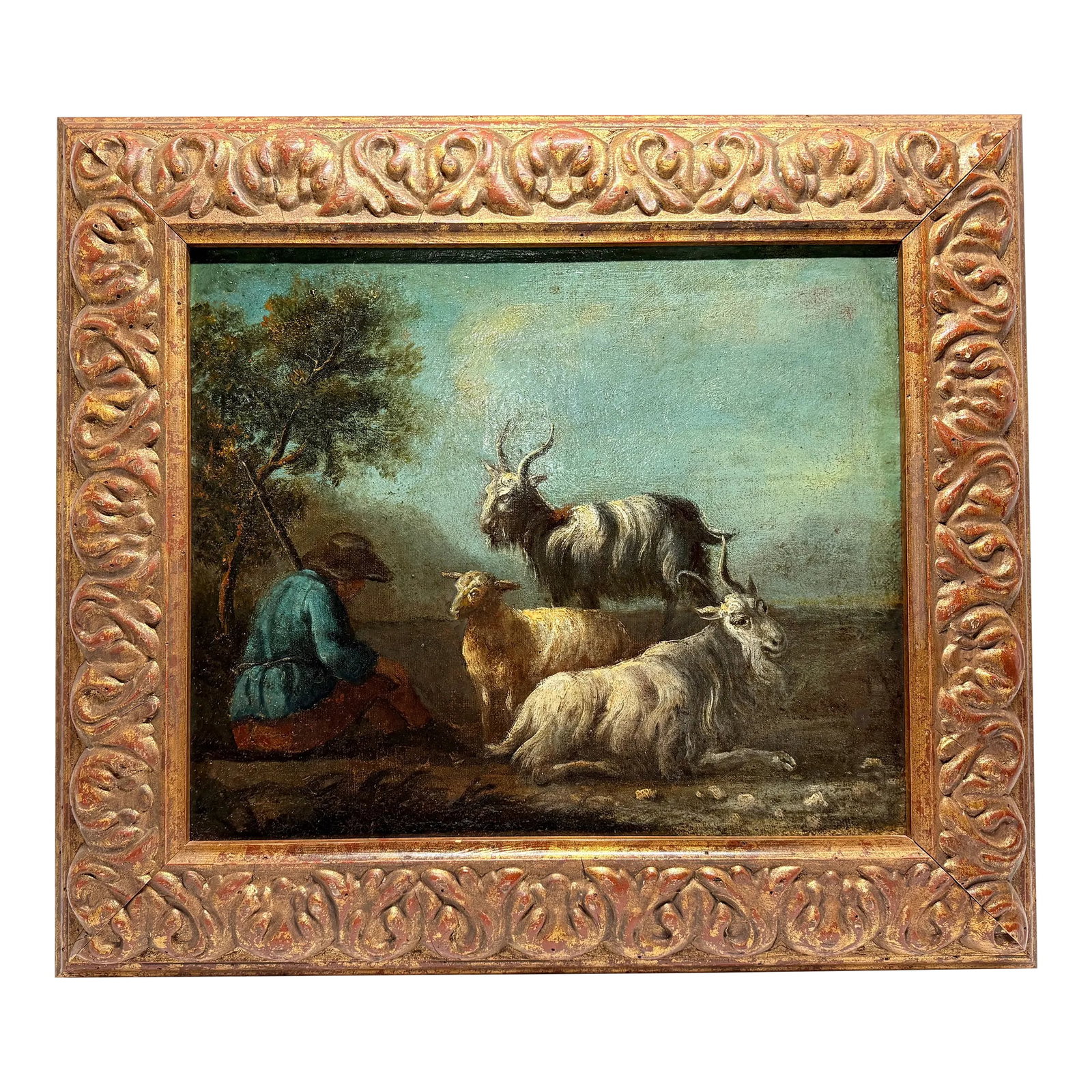 17th Century, "Shepards Solace Among the Flock" Flemish School Oil: This exquisite oil painting, is a masterful depiction of a pastoral scene that epitomizes the serene beauty of rural life. Likely created in the 17th century, the work surely of Flemish origin, renown