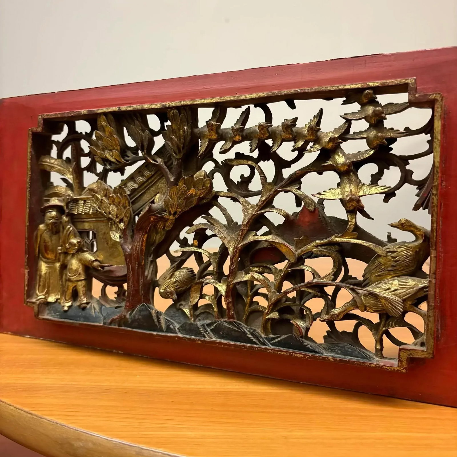 Antique Chinese Gilt Temple Panel With Red Lacquer Frame - 2