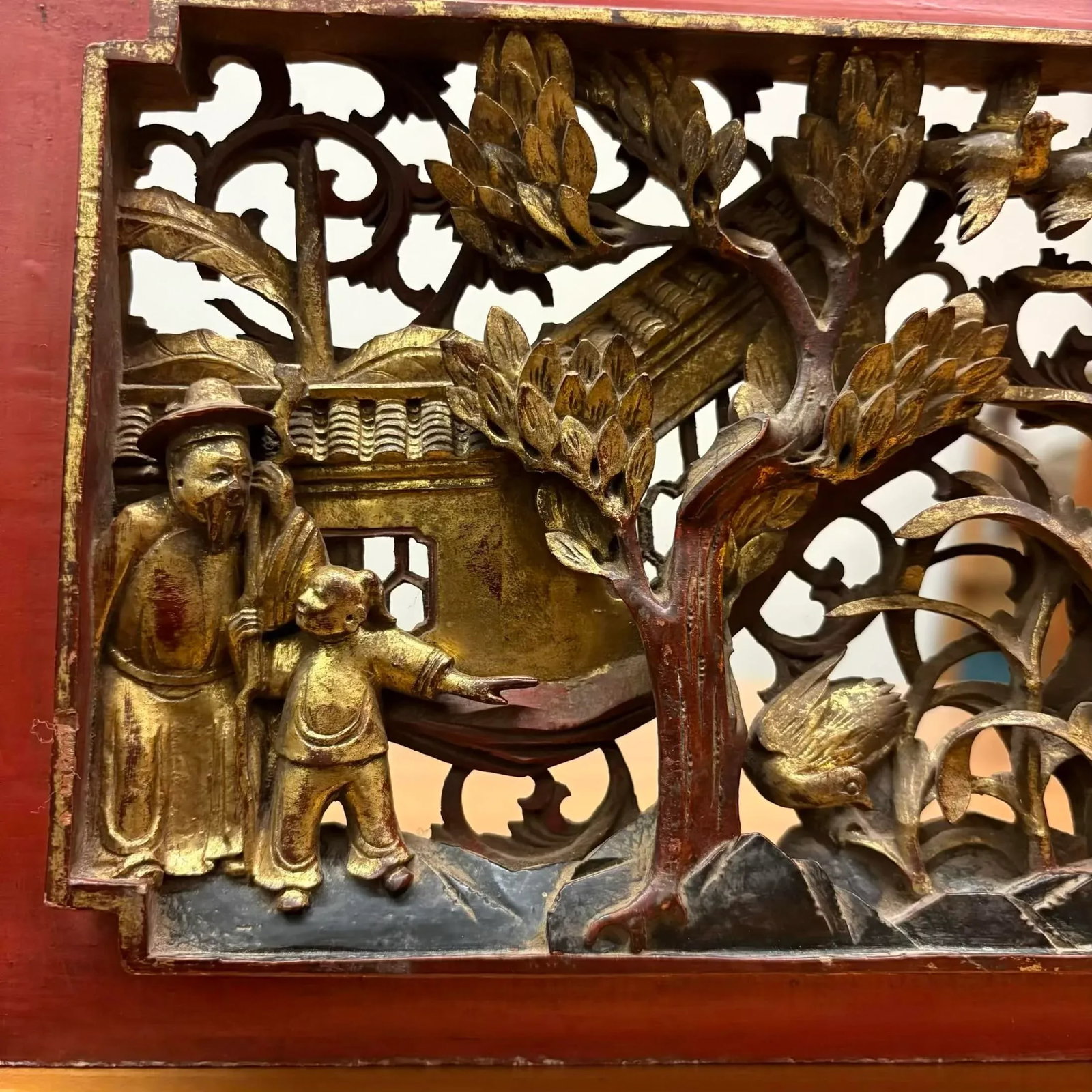 Antique Chinese Gilt Temple Panel With Red Lacquer Frame - 4