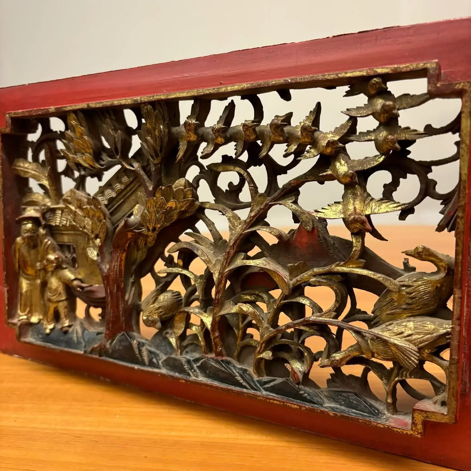 Antique Chinese Gilt Temple Panel With Red Lacquer Frame - 5