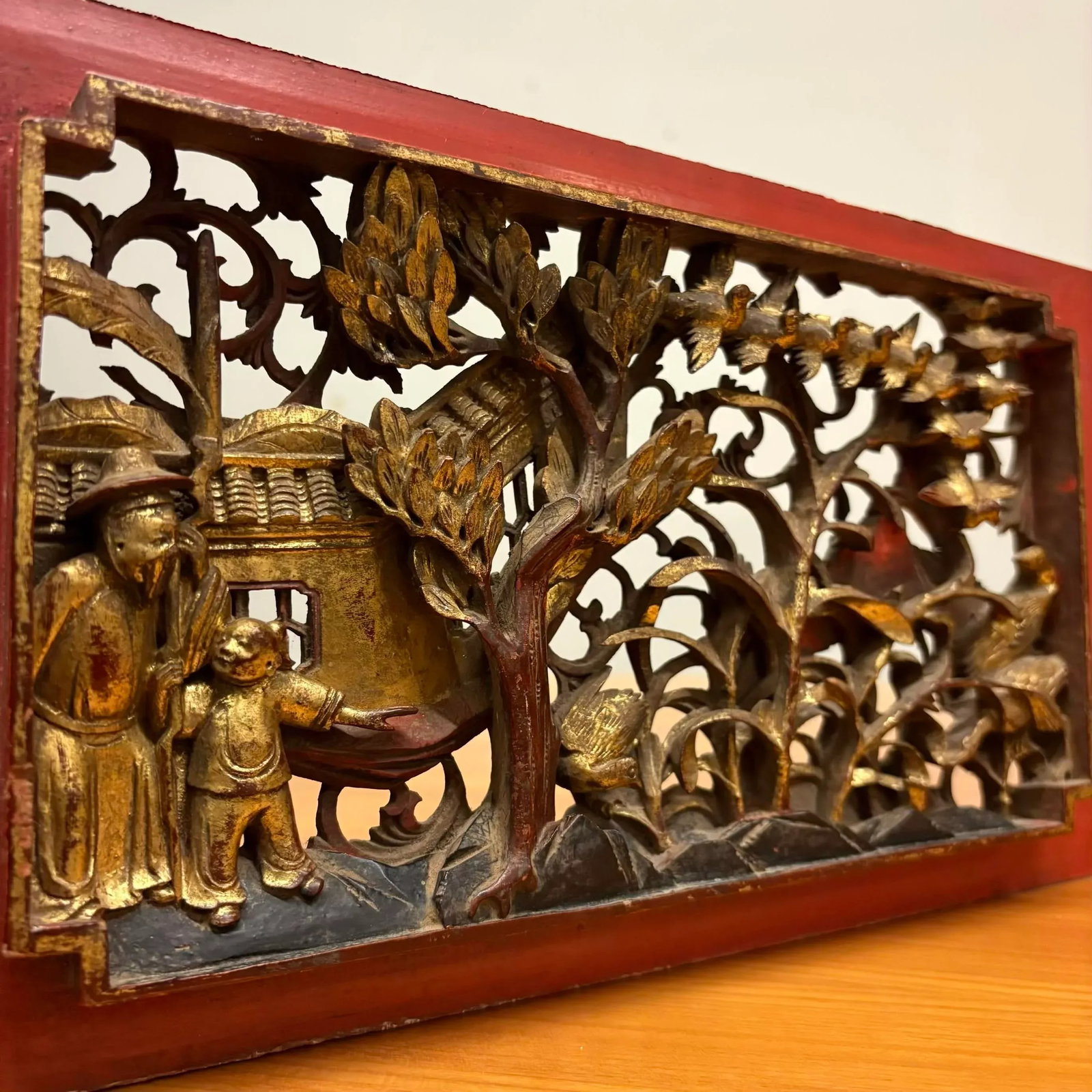 Antique Chinese Gilt Temple Panel With Red Lacquer Frame - 6