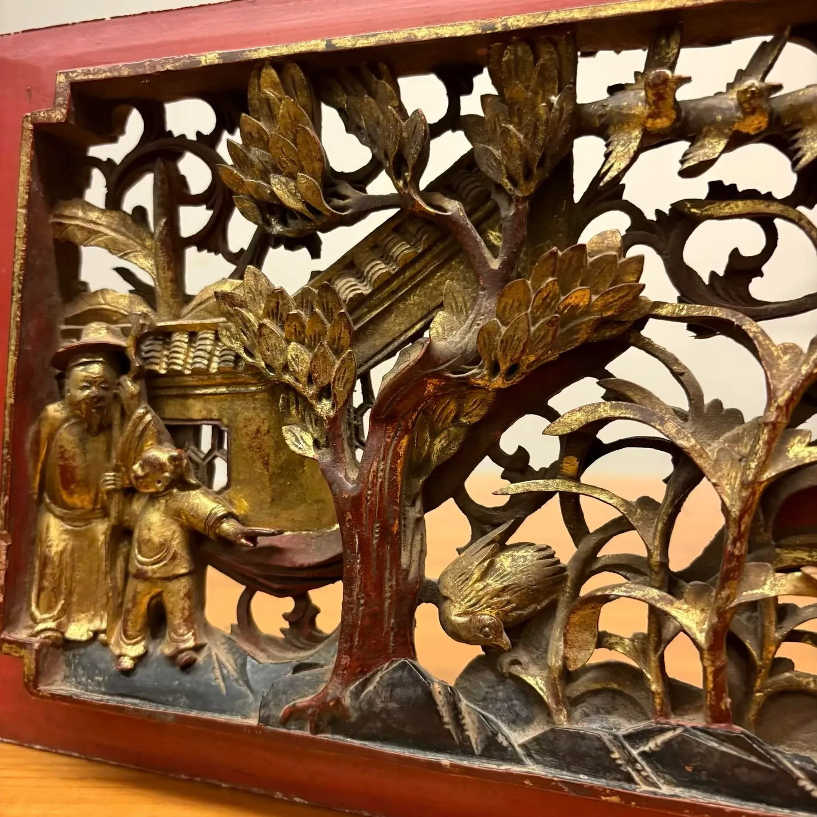 Antique Chinese Gilt Temple Panel With Red Lacquer Frame - 7
