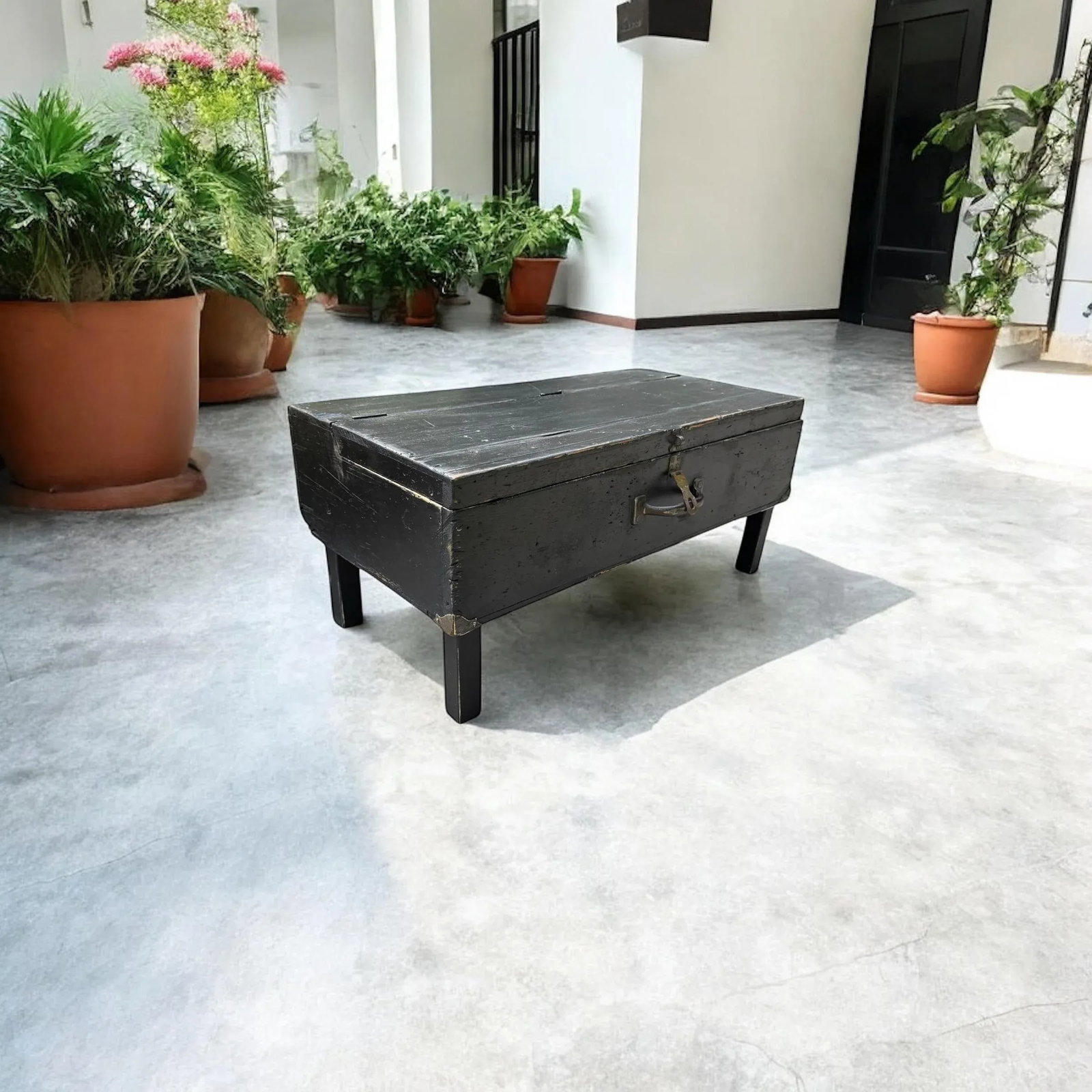 Rustic Black Painted Wood Tool Storage Bench Coffee Table - 10