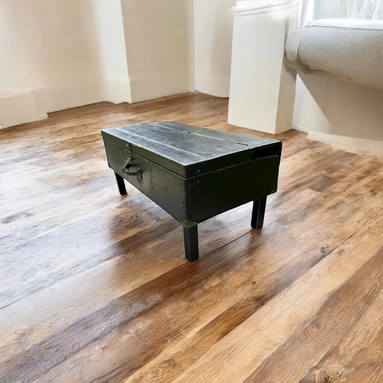 Rustic Black Painted Wood Tool Storage Bench Coffee Table - 3