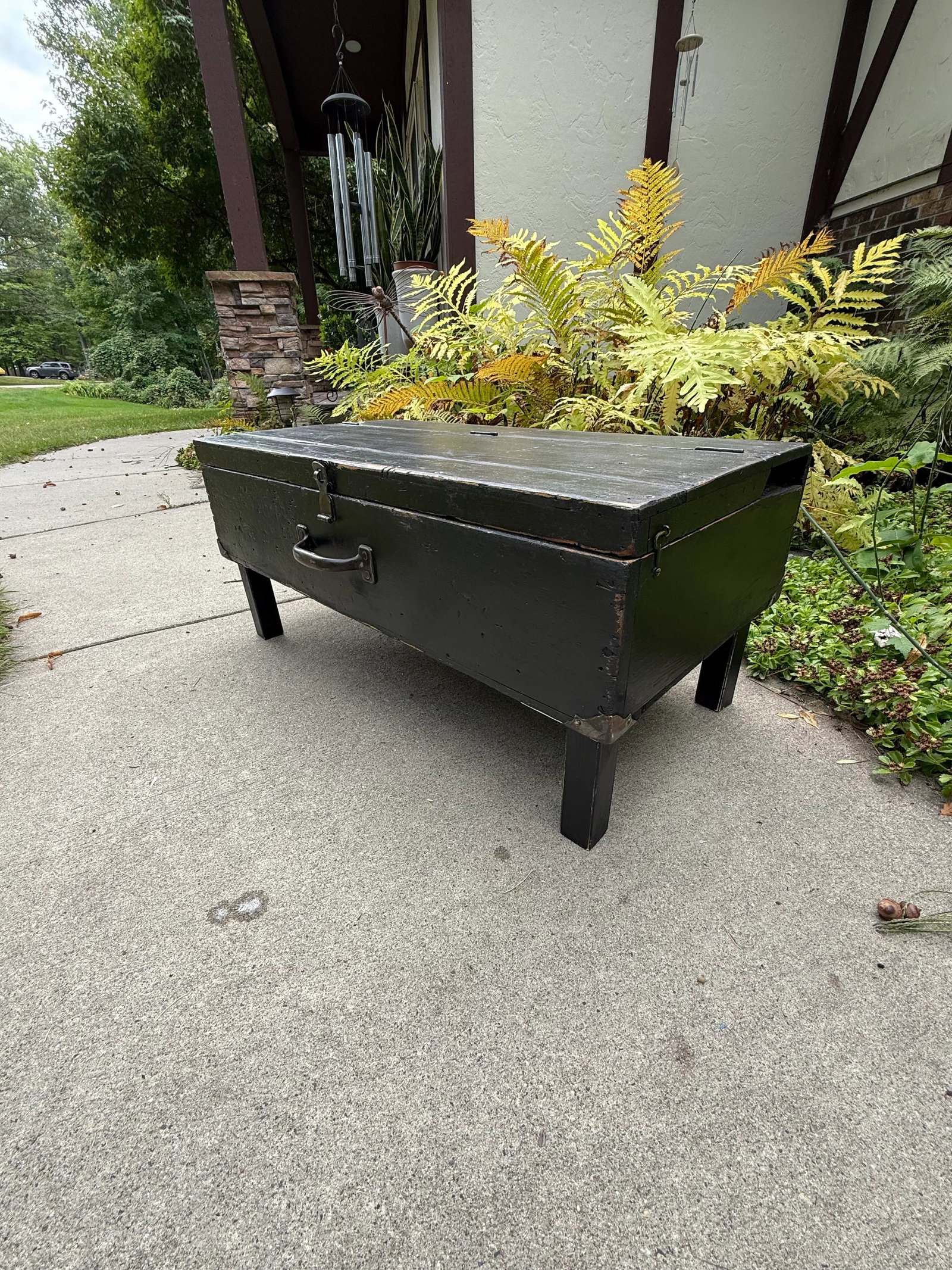 Rustic Black Painted Wood Tool Storage Bench Coffee Table - 6