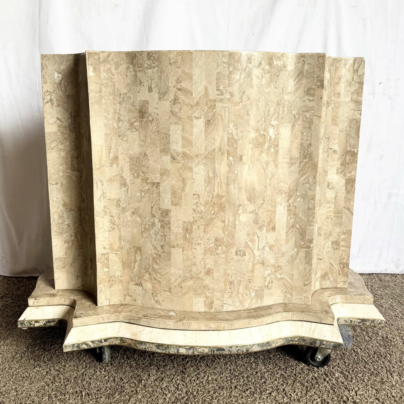 Postmodern Sculpted Grey White and Tan Tessellated Stone Dining Table Base With Brass Inlay - 2