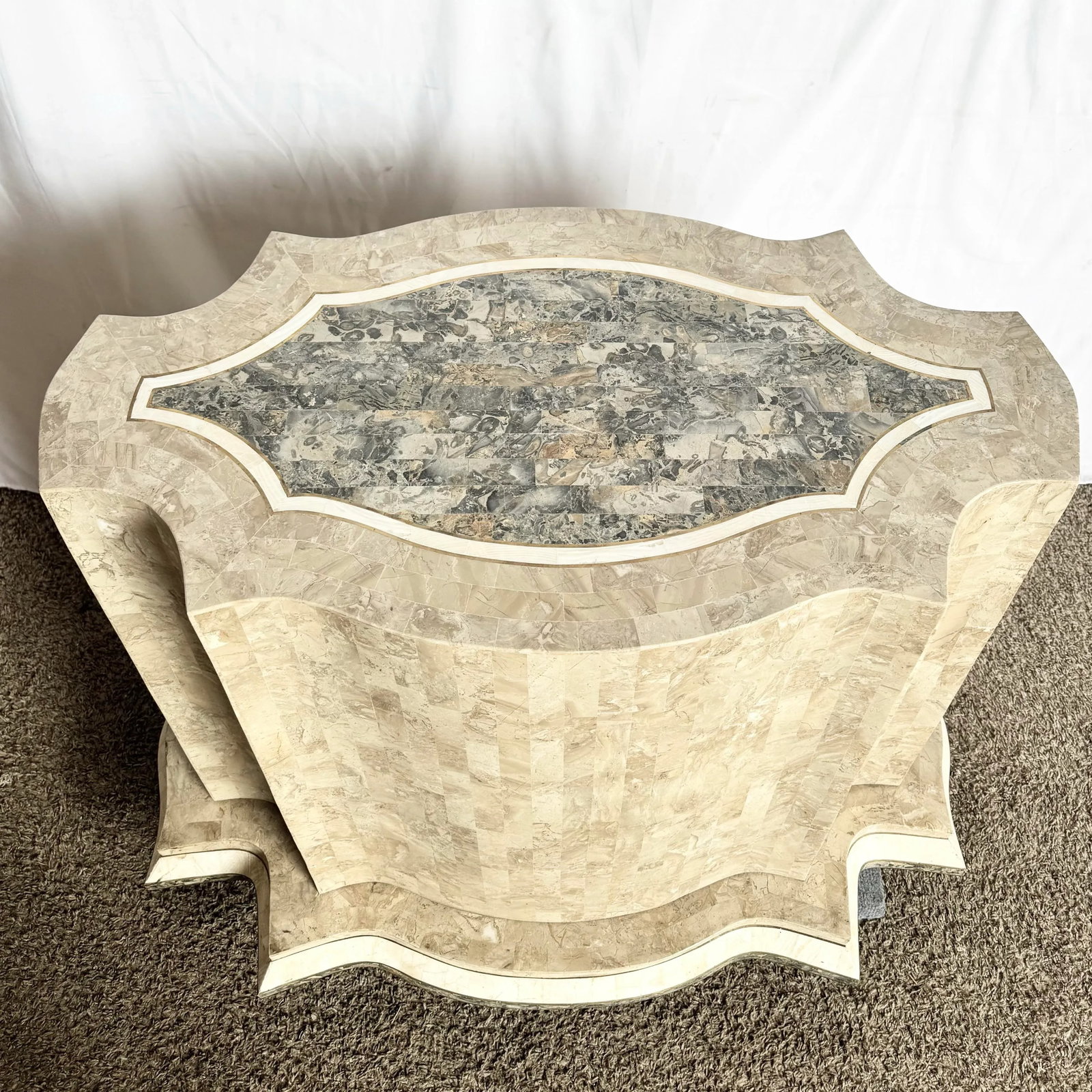Postmodern Sculpted Grey White and Tan Tessellated Stone Dining Table Base With Brass Inlay - 3
