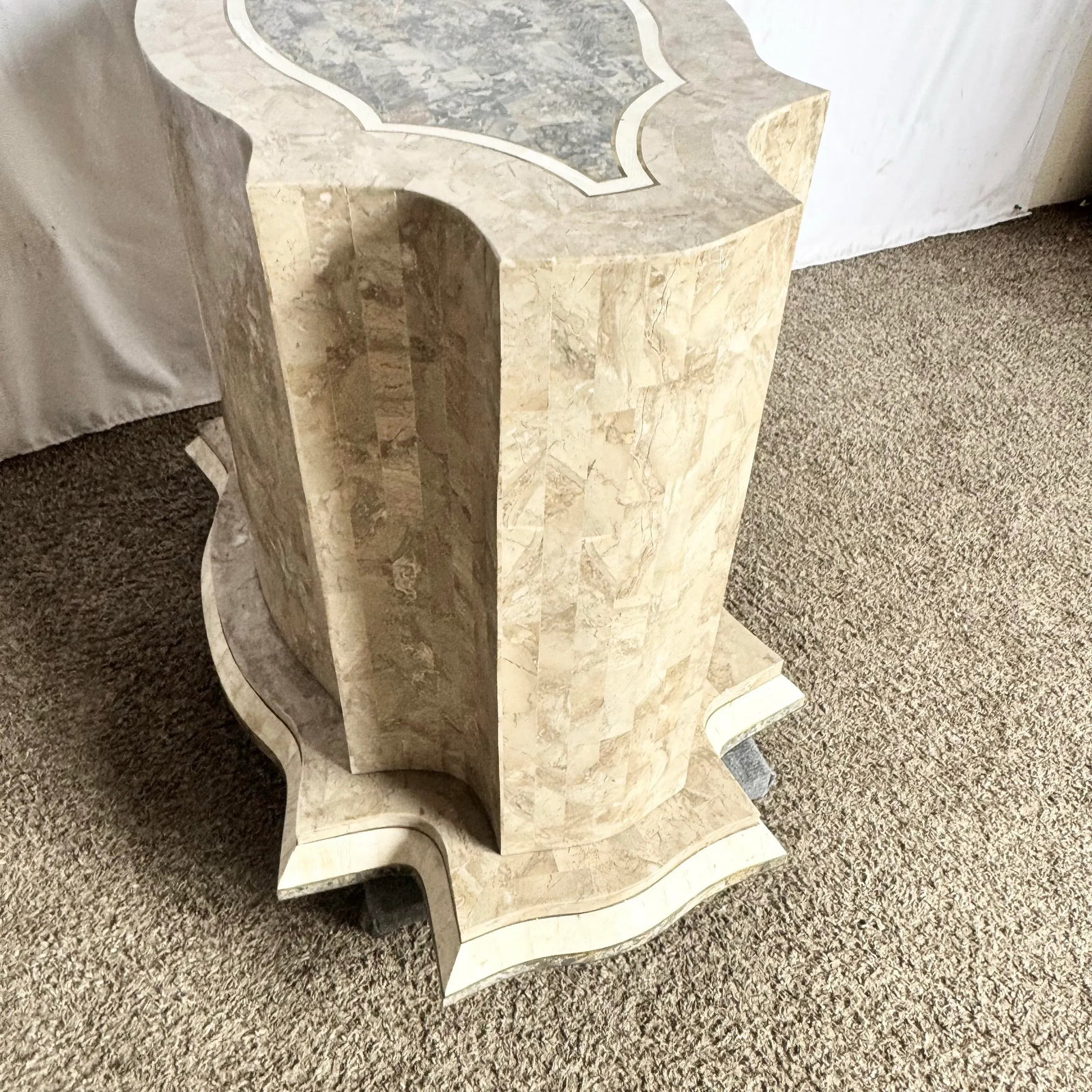 Postmodern Sculpted Grey White and Tan Tessellated Stone Dining Table Base With Brass Inlay - 4