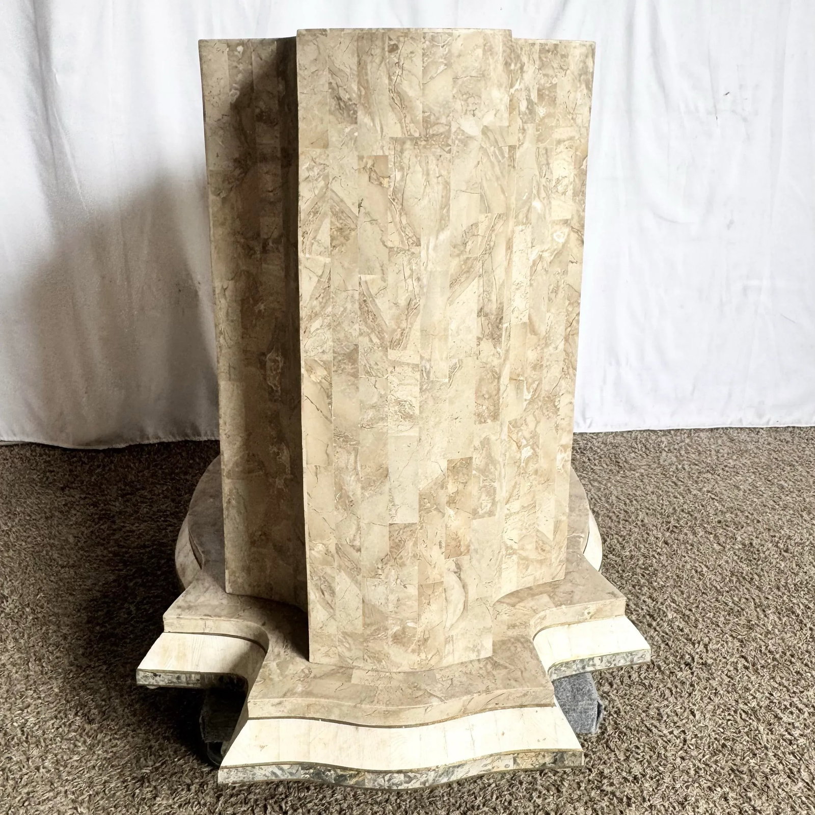 Postmodern Sculpted Grey White and Tan Tessellated Stone Dining Table Base With Brass Inlay - 5