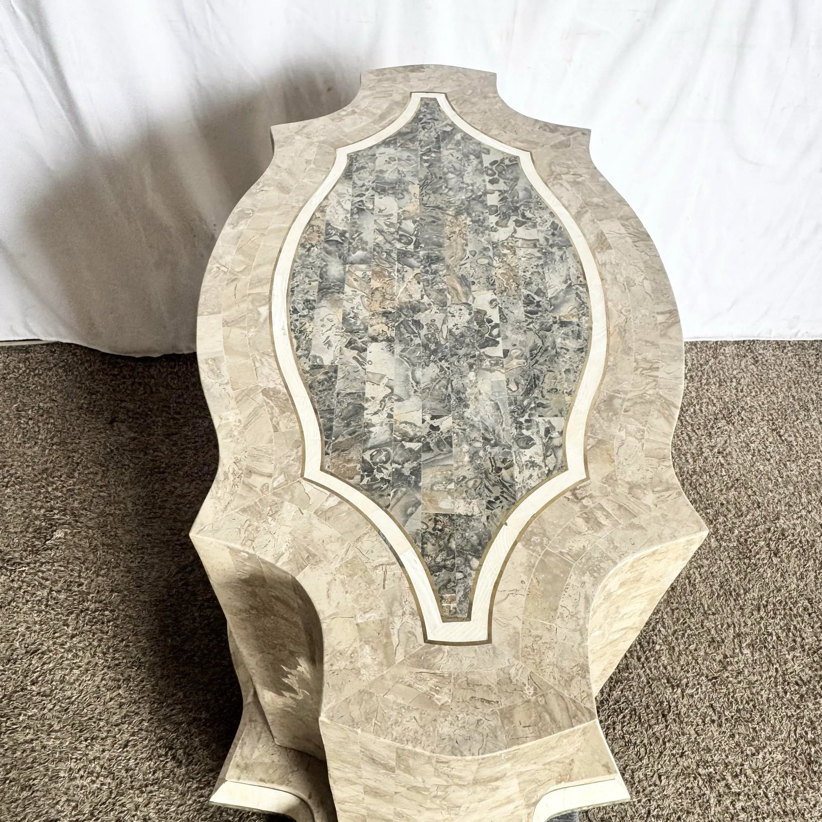 Postmodern Sculpted Grey White and Tan Tessellated Stone Dining Table Base With Brass Inlay - 6
