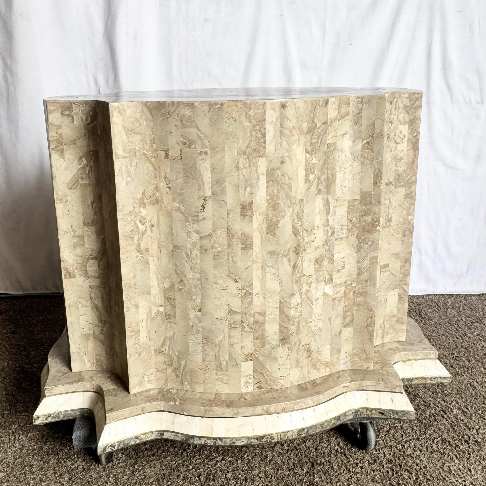 Postmodern Sculpted Grey White and Tan Tessellated Stone Dining Table Base With Brass Inlay - 7