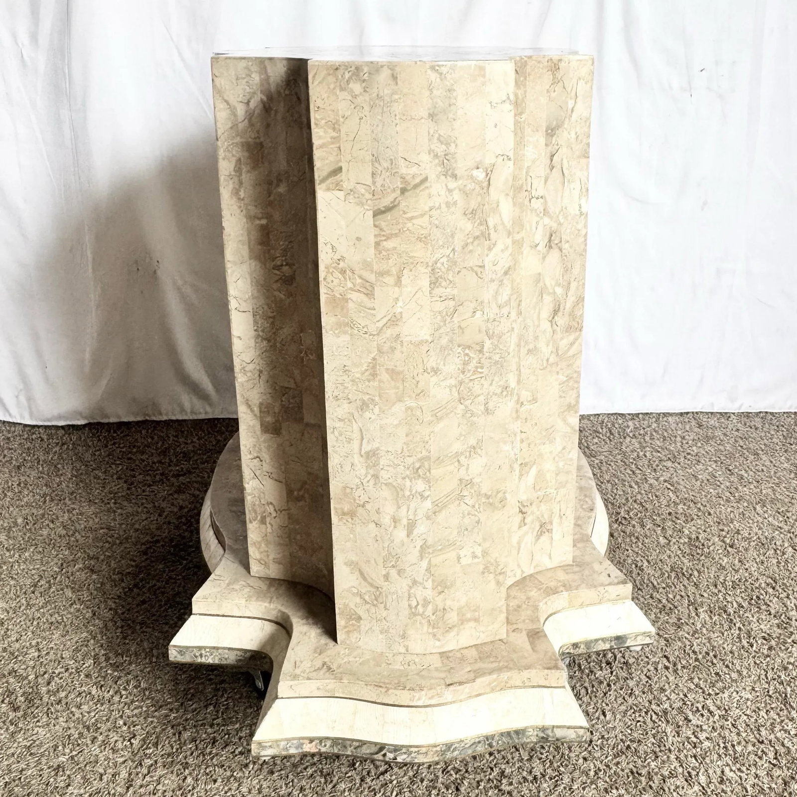 Postmodern Sculpted Grey White and Tan Tessellated Stone Dining Table Base With Brass Inlay - 8