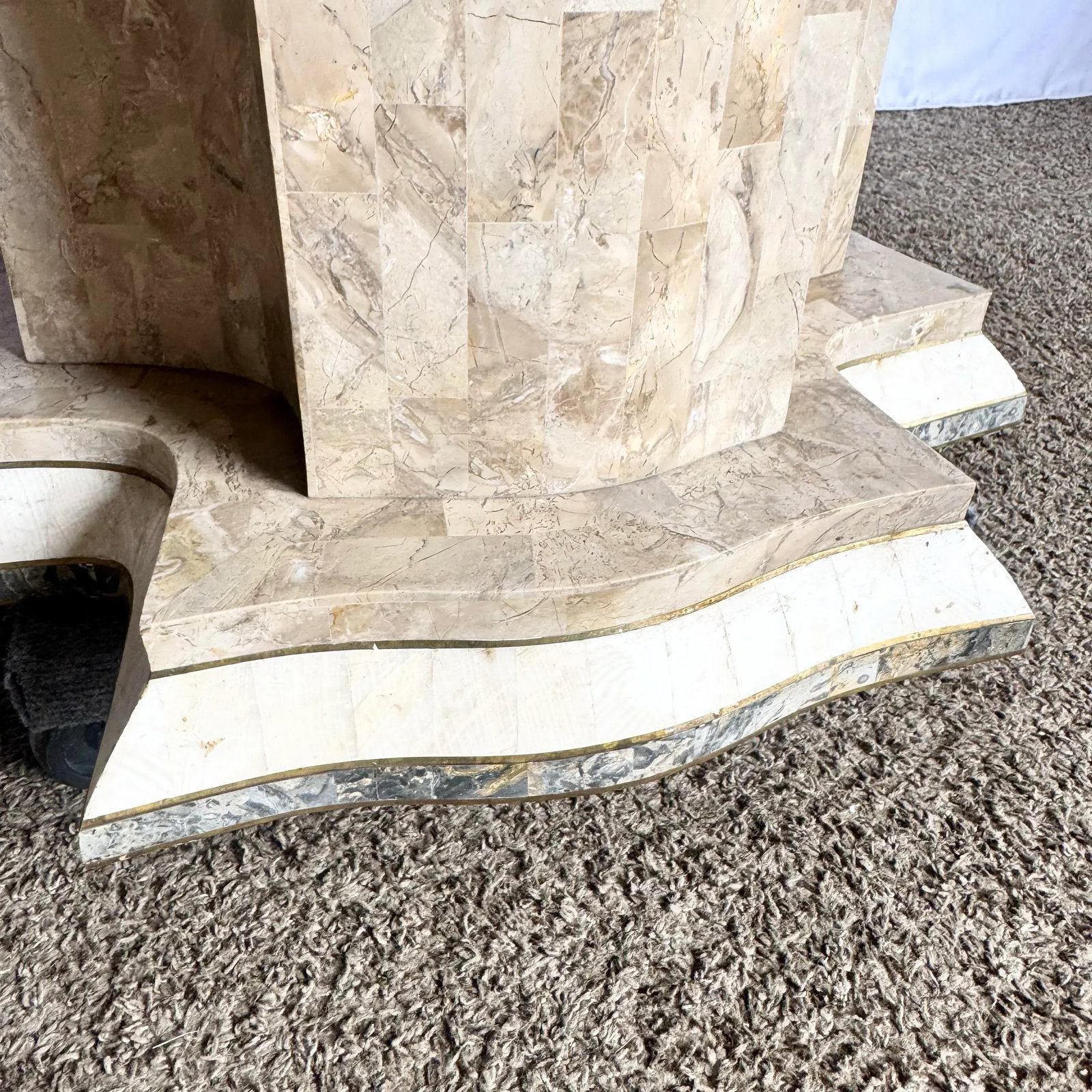 Postmodern Sculpted Grey White and Tan Tessellated Stone Dining Table Base With Brass Inlay - 9