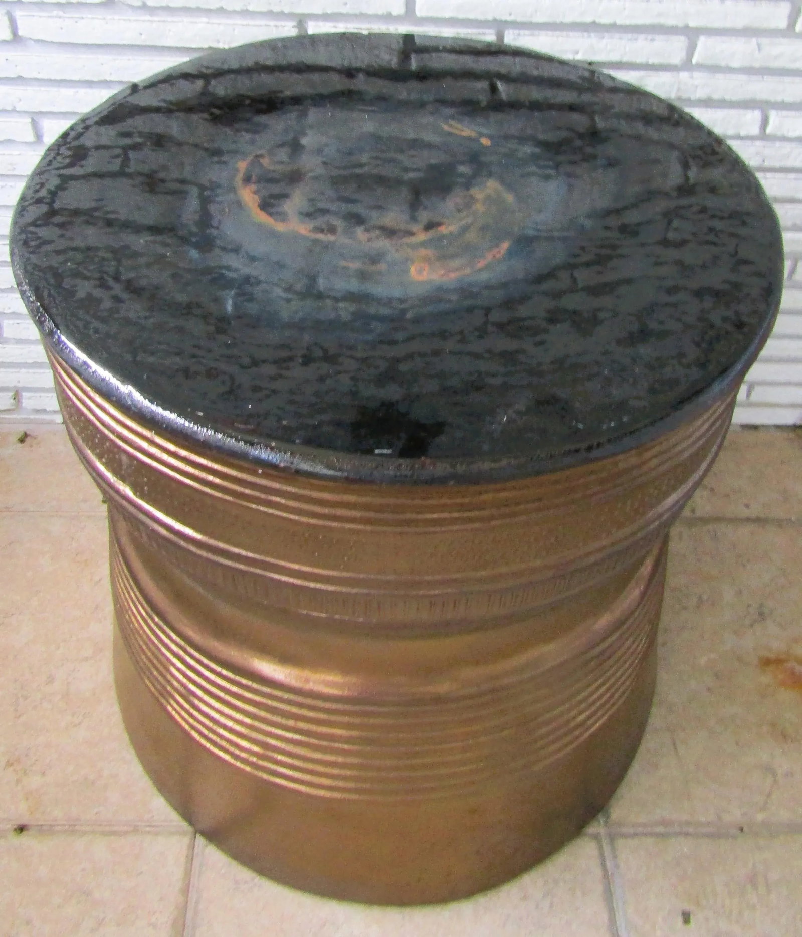 1940s Vintage Asian Bronze Rain Drum Gloss Black Terra Cotta Top Side Table - 2