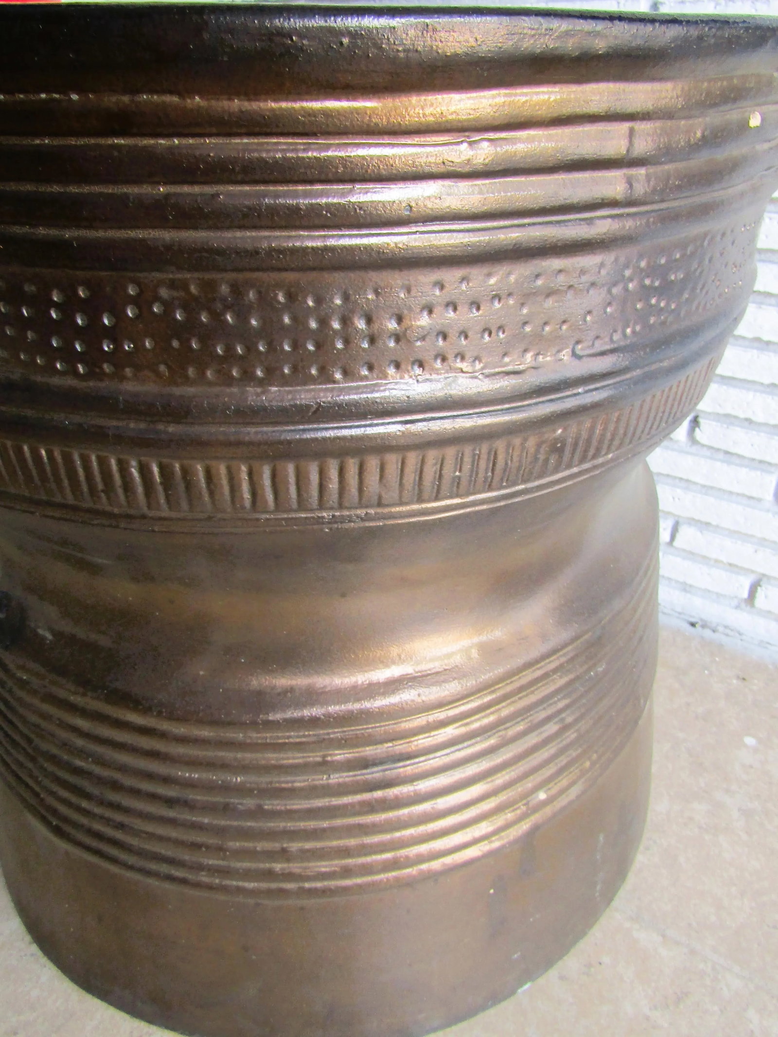 1940s Vintage Asian Bronze Rain Drum Black Terra Cotta Top Side Table - 10