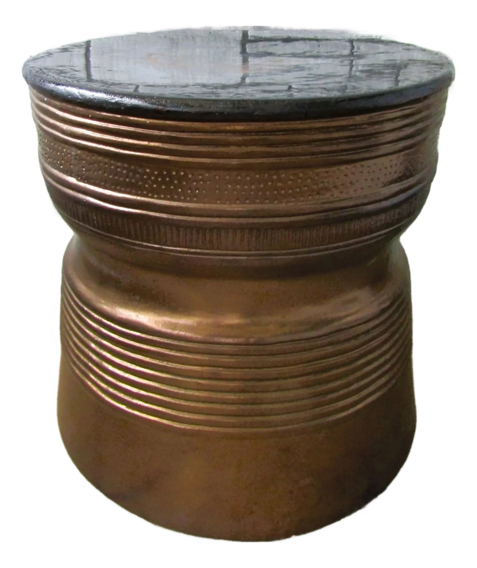 1940s Vintage Asian Bronze Rain Drum Black Terra Cotta Top Side Table: The Vintage Asian Bronze Rain Drum Black Terra Cotta Top Table is a unique and stylish side/end table with a tabletop made of terra cotta. Standing at a height of 24 inches, the table features