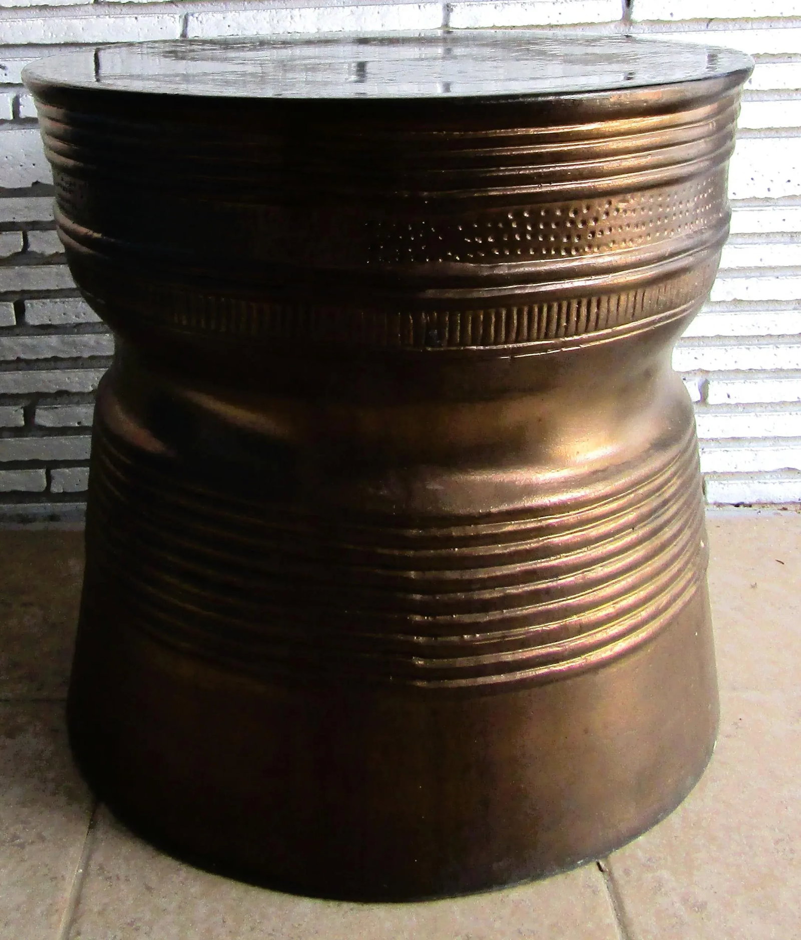 1940s Vintage Asian Bronze Rain Drum Black Terra Cotta Top Side Table - 2
