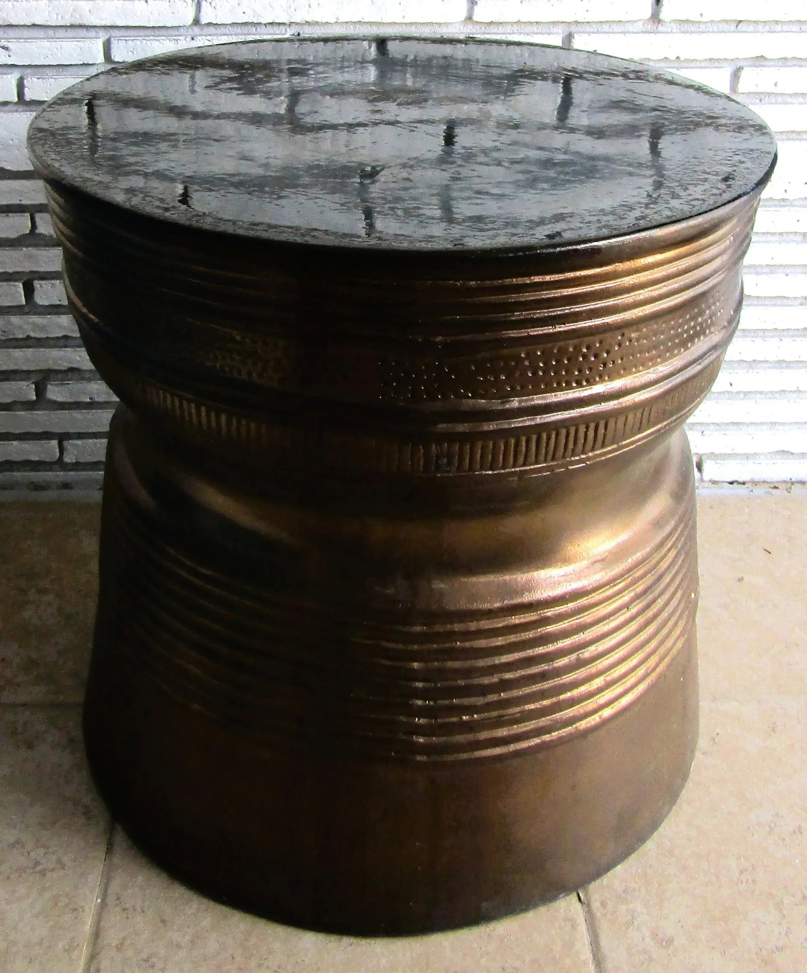 1940s Vintage Asian Bronze Rain Drum Black Terra Cotta Top Side Table - 3