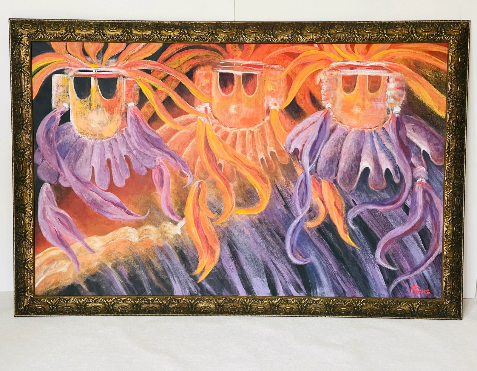 1970s Original Abstract Painting on Canvas " Three Kings" Signed Fuchs - 3