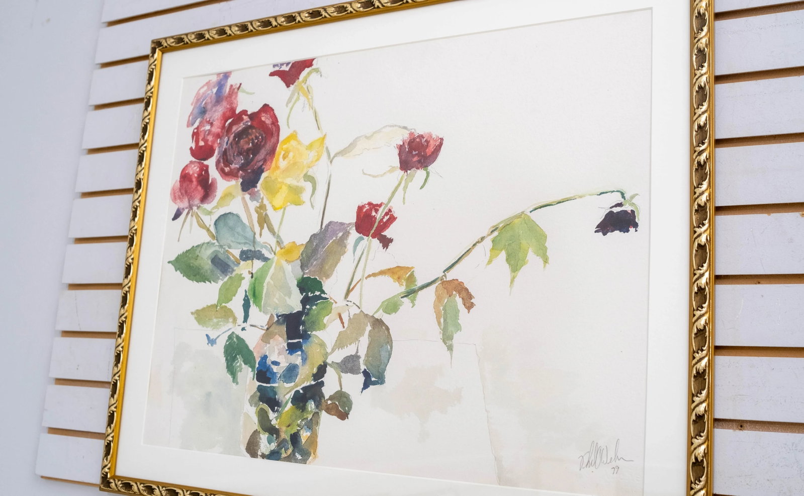 Abstract Yellow & Red Roses in Vase Watercolor Painting Signed - 2