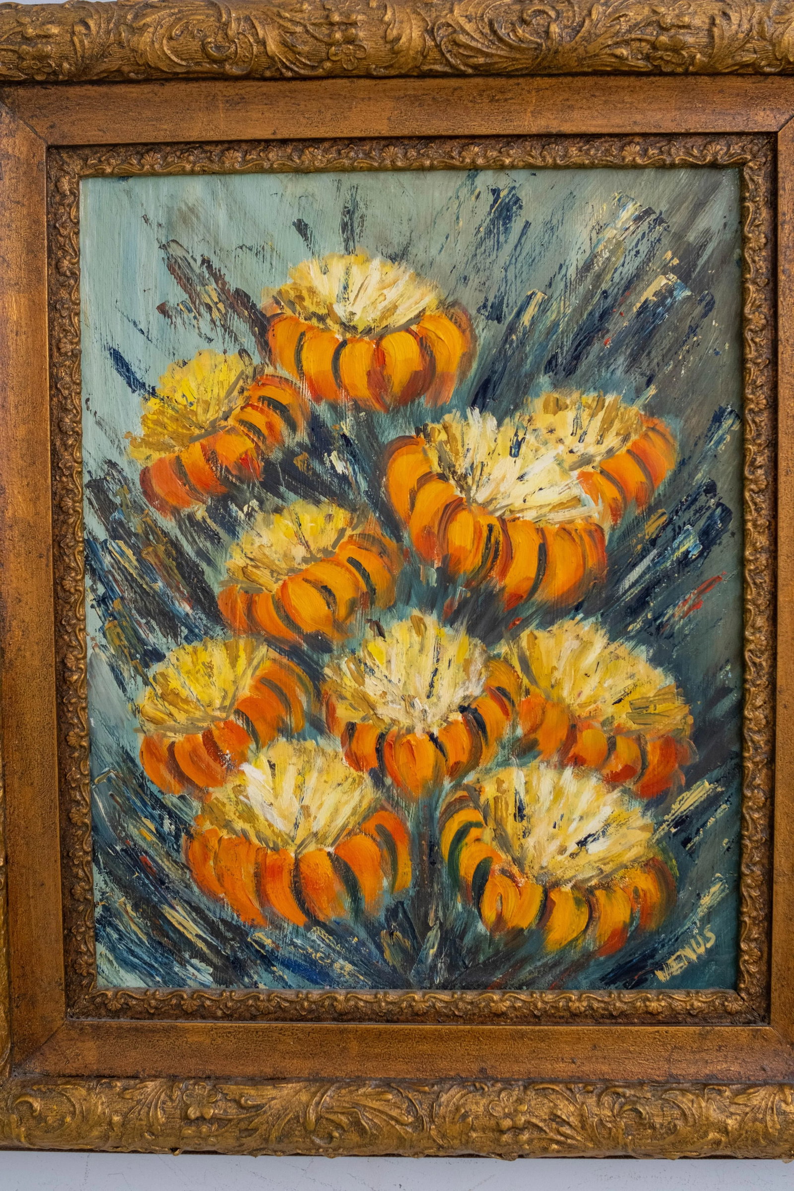 Abstract Still Life Orange Flowers Oil Painting on Canvas Painting Signed - 2