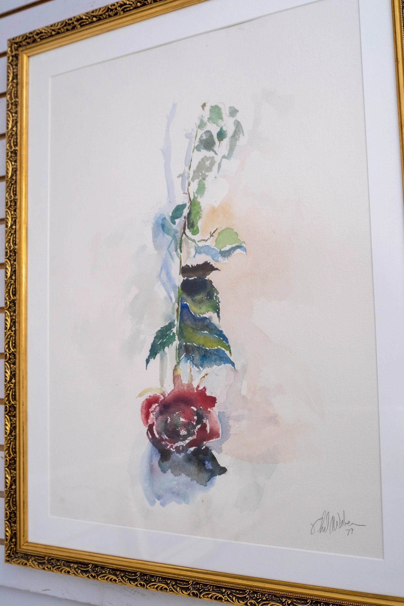 Abstract Single Red Rose Watercolor Painting Signed - 4