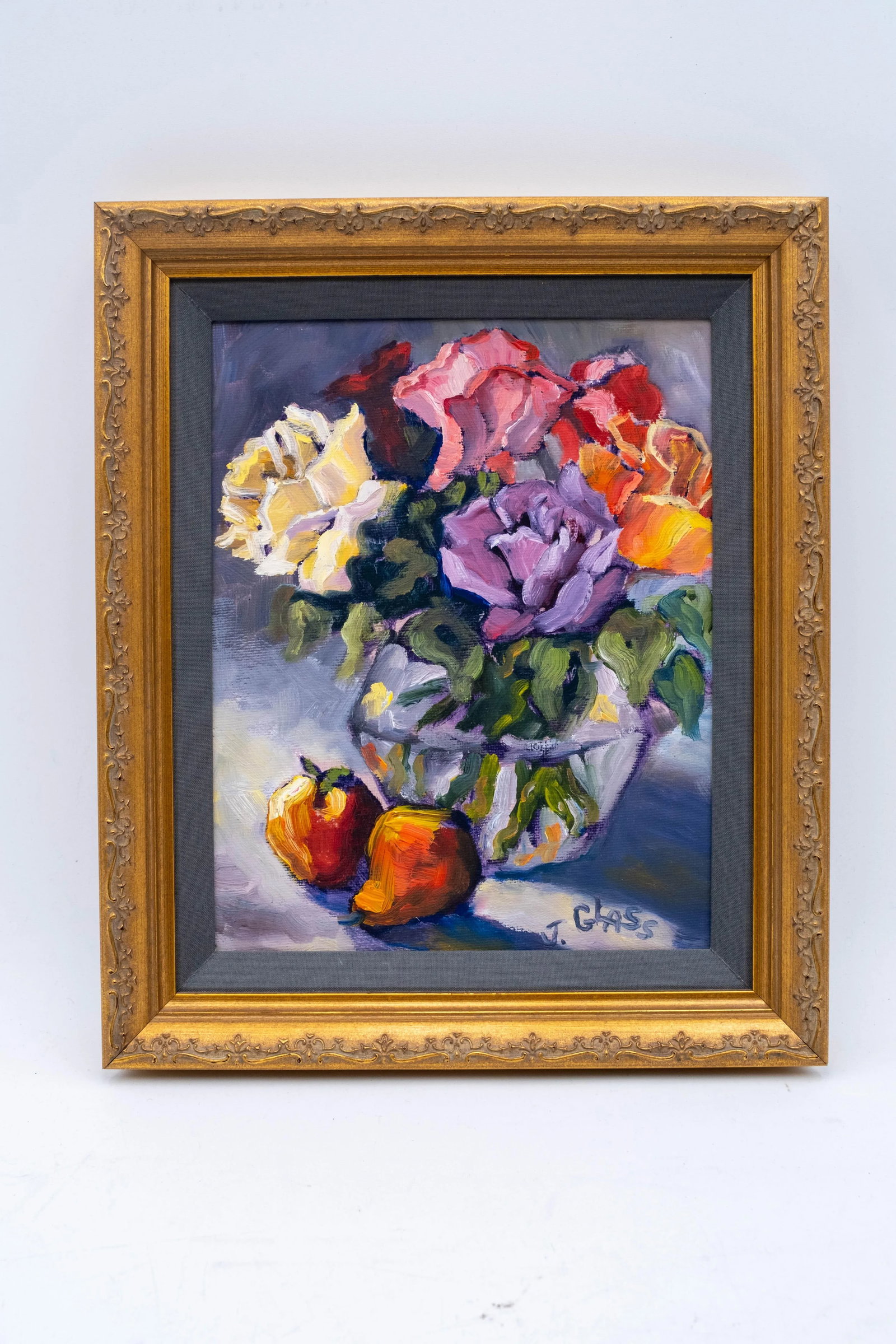 Pair Nancy Barch and J Glass Fruit & Flower Still Life Oil Paintings Artist Signed - 2