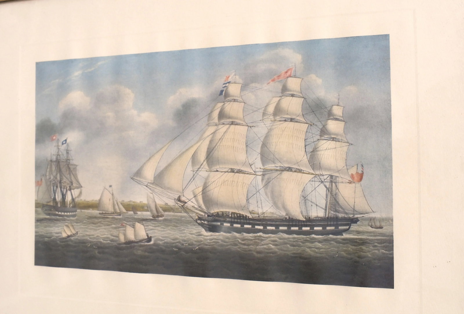 Vintage Colored Engraving of British Tall Ships 19th Century - 2