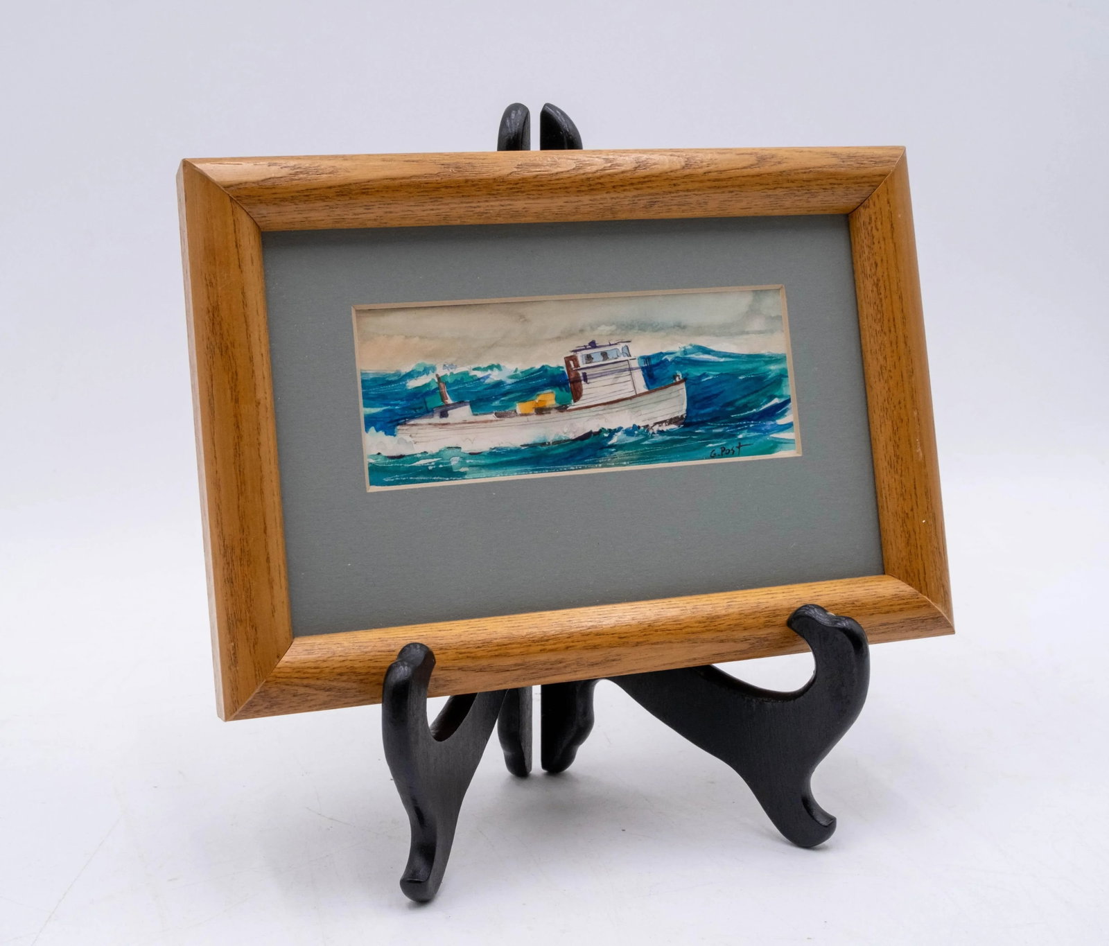 Pair of Nautical Watercolor Paintings Fishing Boats Fishermen Signed George D Post - 2