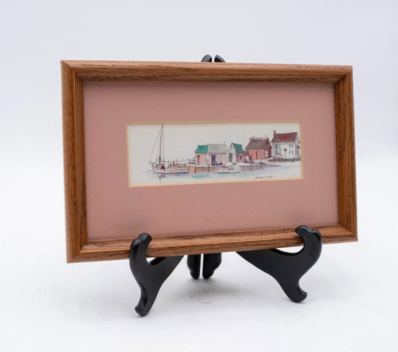 Pair of Nautical Watercolor Boat Yard Sailboat Paintings Signed George D Post - 2