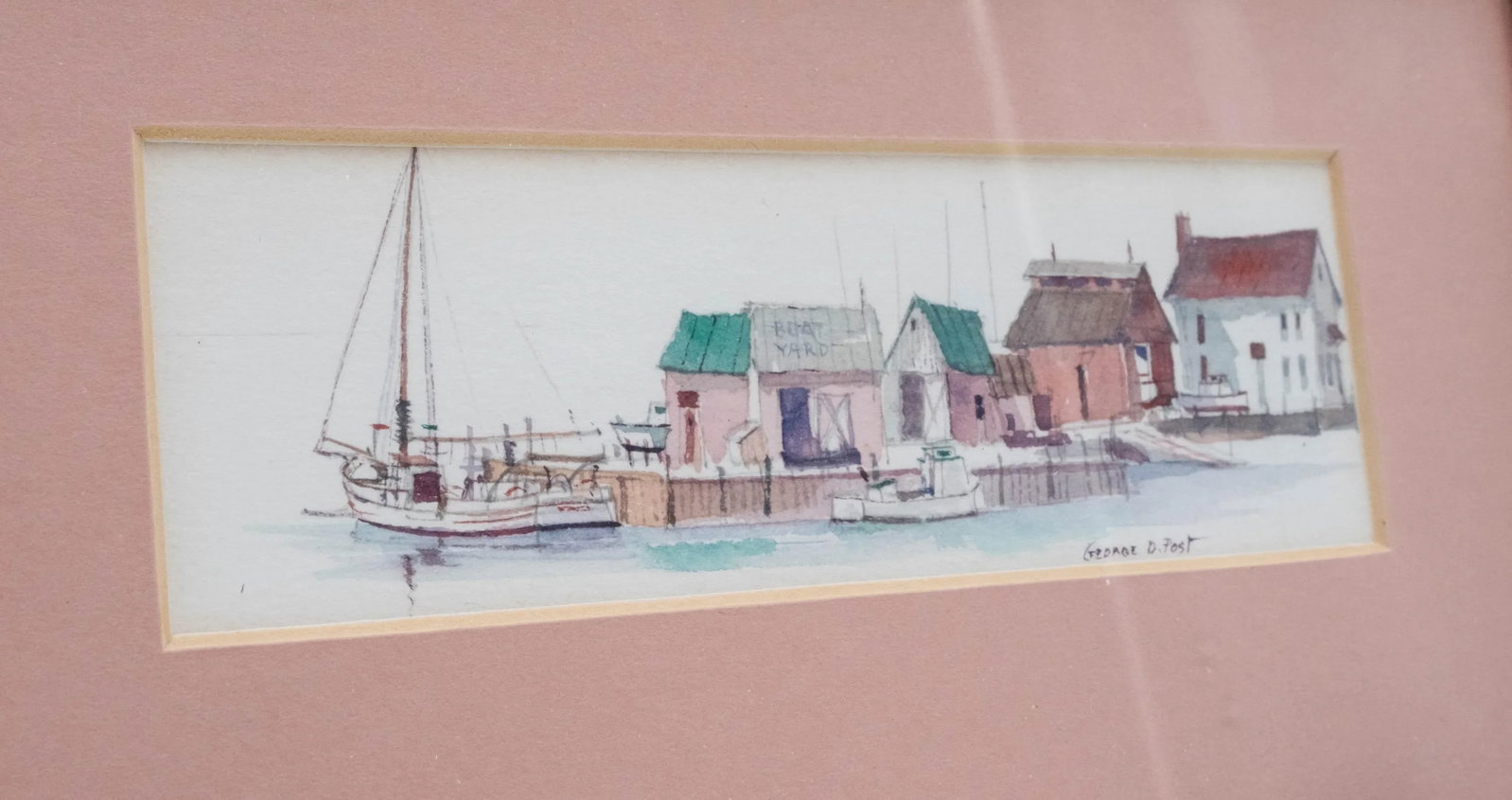 Pair of Nautical Watercolor Boat Yard Sailboat Paintings Signed George D Post - 5
