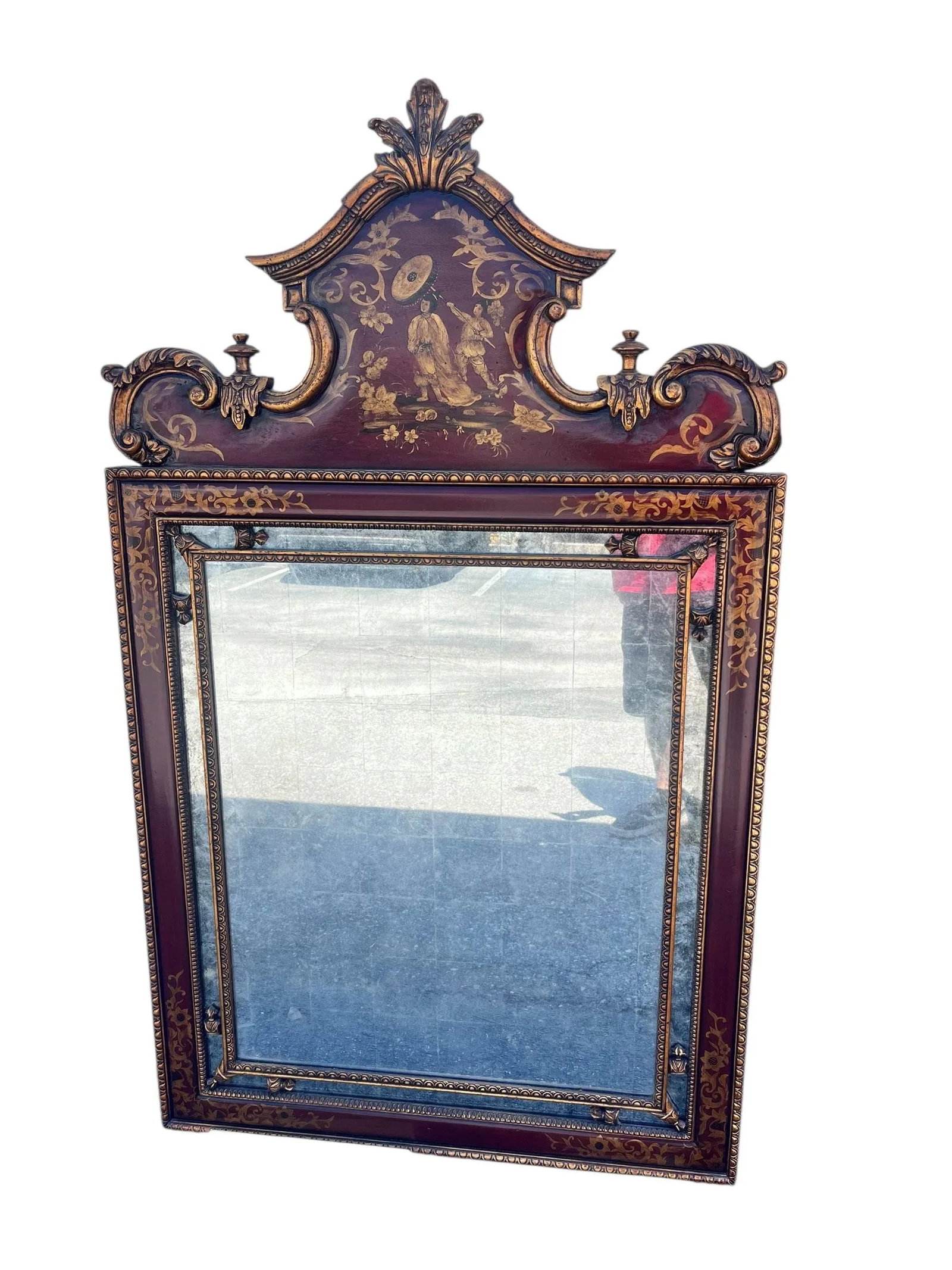 Large 1980s Statement Mirror Red Chinoiserie Style Gilt Carved Wall Mirror - 3