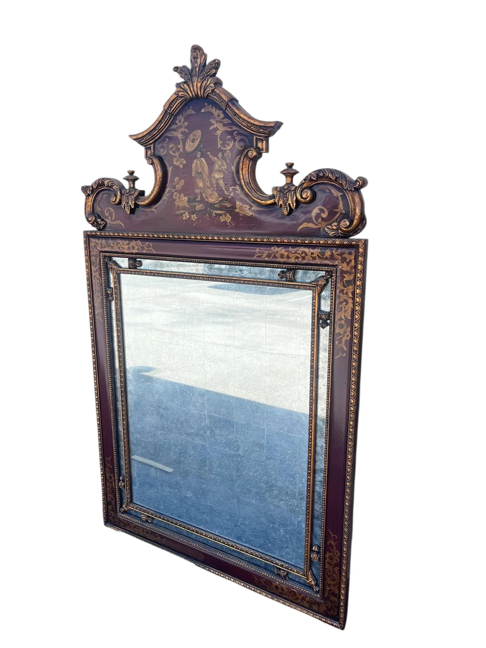 Large 1980s Statement Mirror Red Chinoiserie Style Gilt Carved Wall Mirror - 4