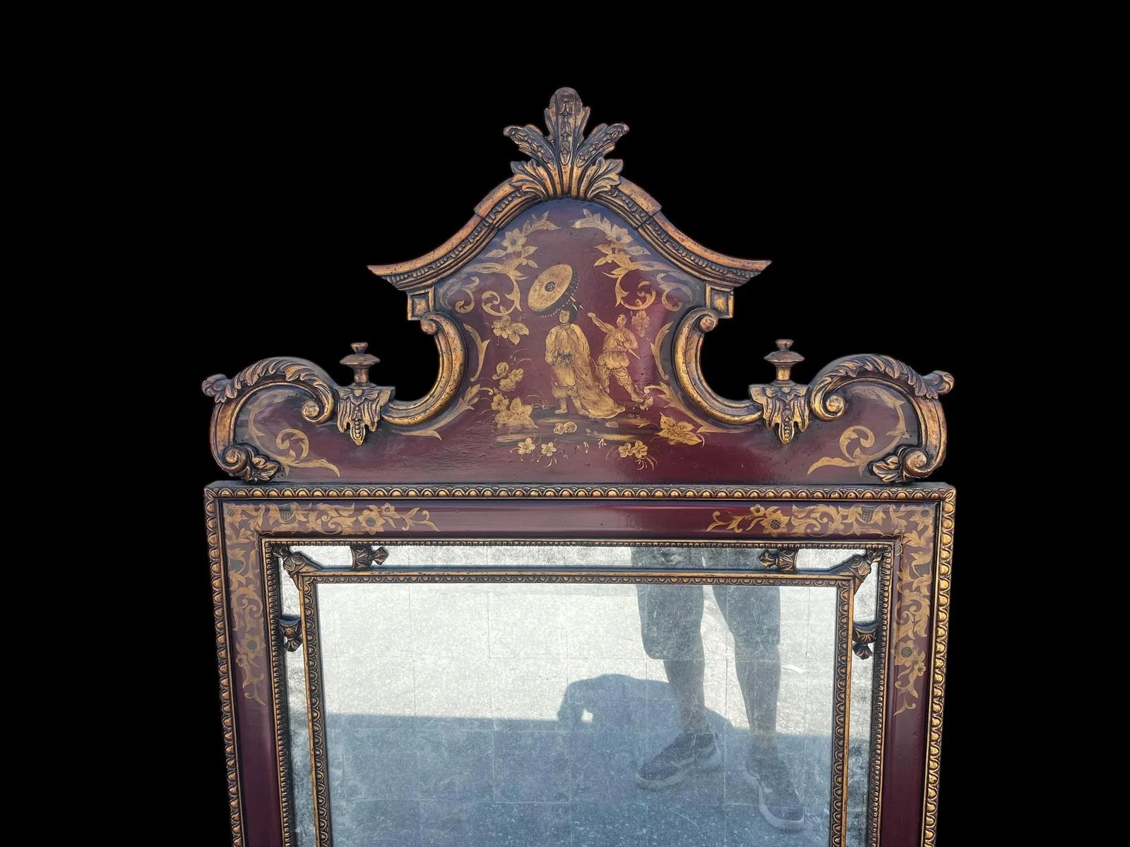 Large 1980s Statement Mirror Red Chinoiserie Style Gilt Carved Wall Mirror - 5