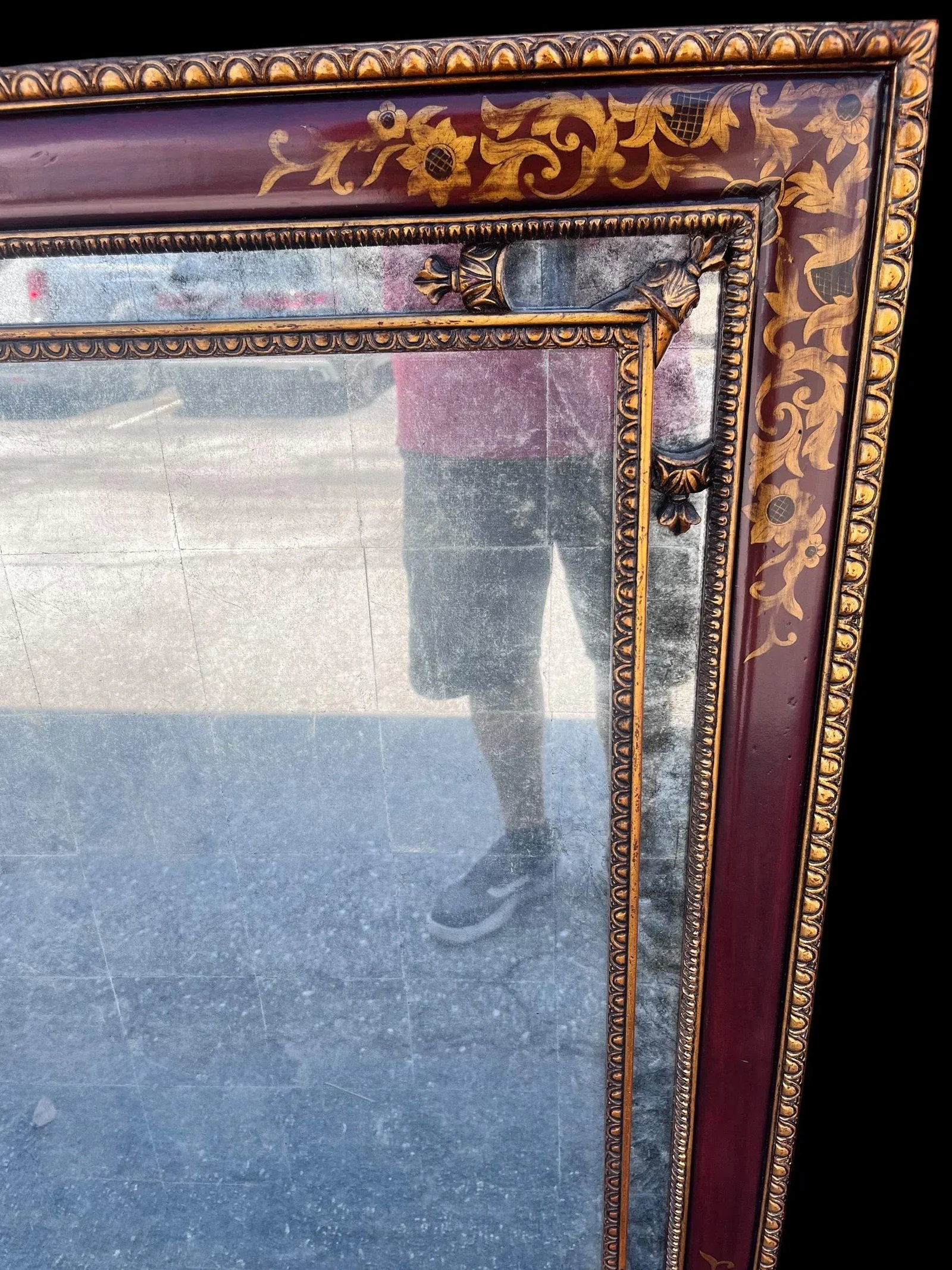 Large 1980s Statement Mirror Red Chinoiserie Style Gilt Carved Wall Mirror - 7