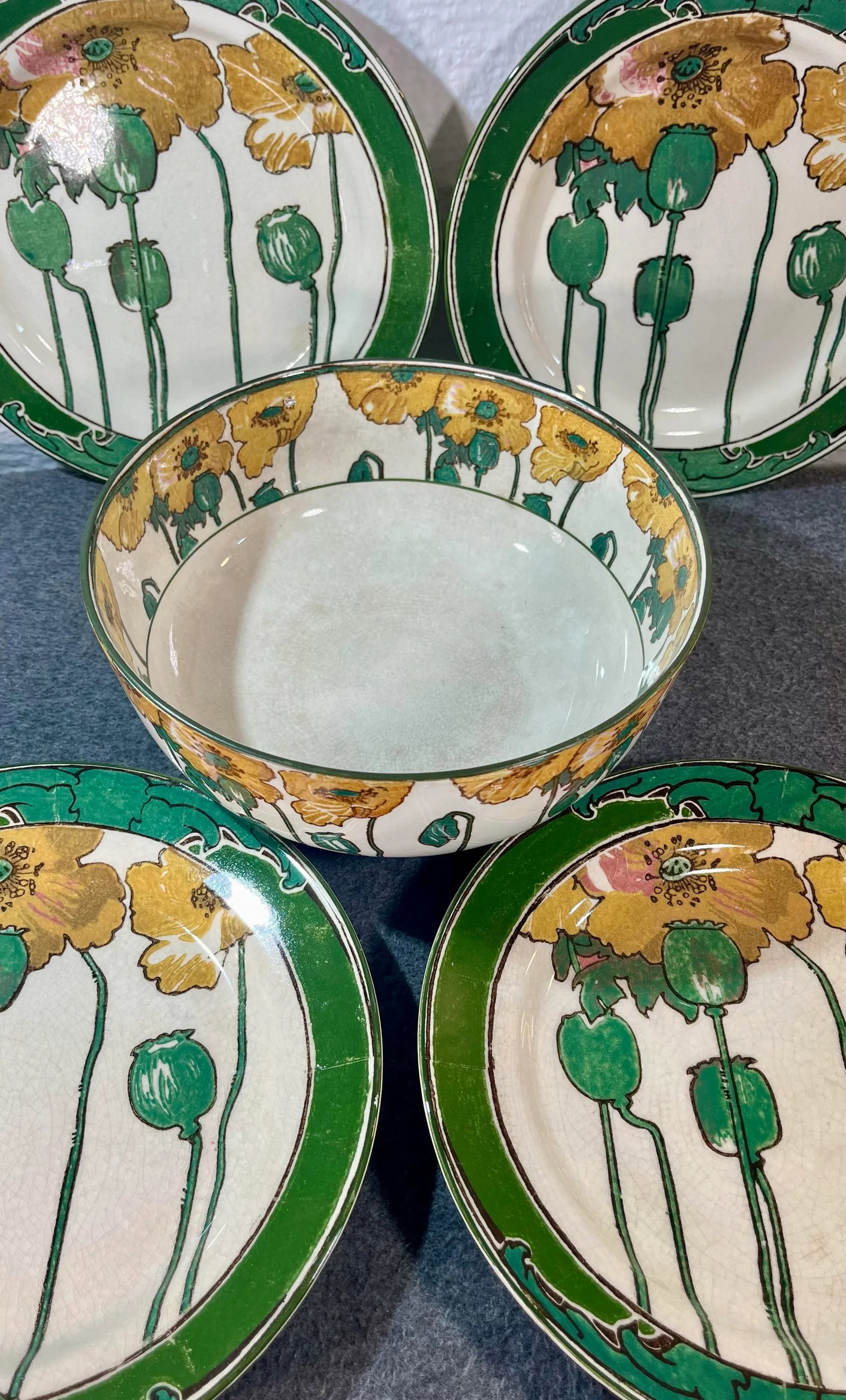 Antique Royal Doulton Poppy Footed Bowl & Plates - Set of 5 - 2