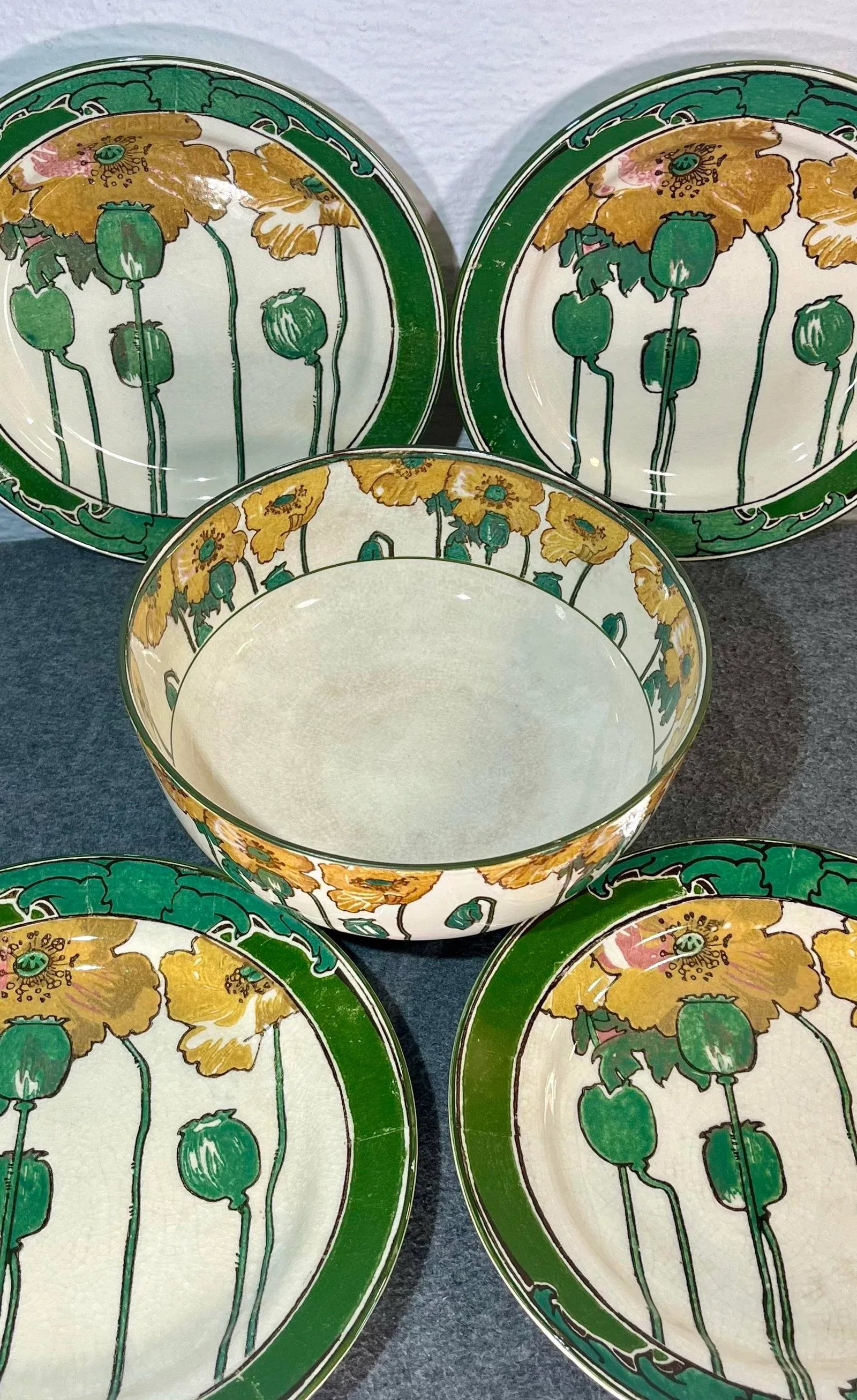 Antique Royal Doulton Poppy Footed Bowl & Plates - Set of 5 - 3