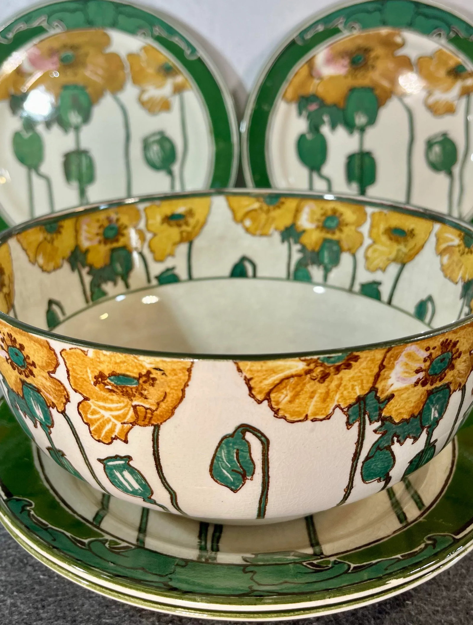 Antique Royal Doulton Poppy Footed Bowl & Plates - Set of 5 - 7