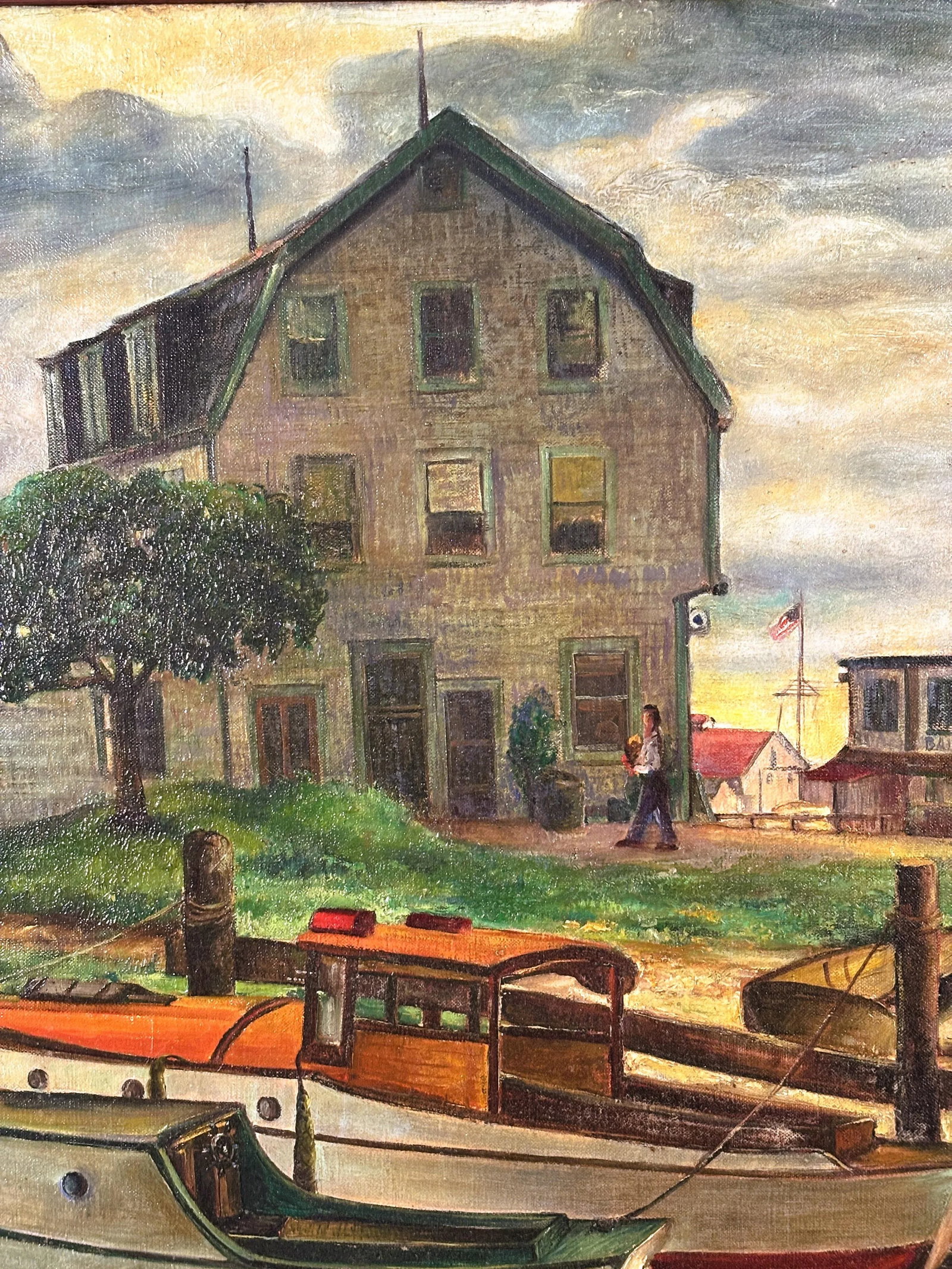"Harbor Scene" by Rosario Gerbino--Antique Oil on Canvas - 7