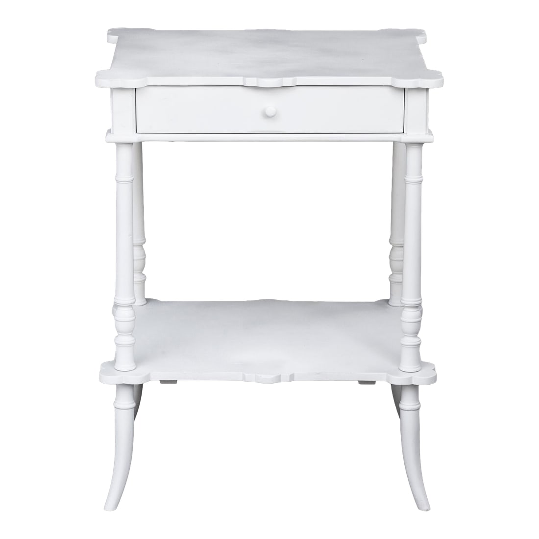 Vintage White Bedside Accent Table: A Vintage White Painted Wood Bedside Table with a drawer and a Lower Shelf. Condition: Alterations: Original Design Modified Imperfections: Some Imperfections Condition Notes: In Good Overall