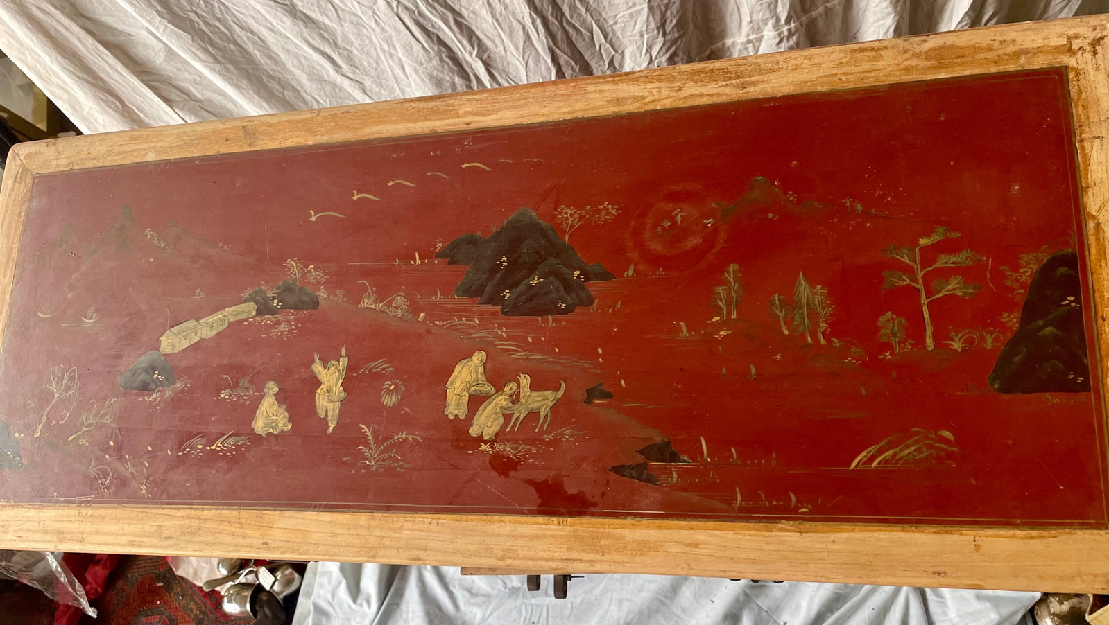 Mid 20th Century Asian Red Brown Sideboard/Cabinet Carved Wood Applied Hardstone Figural - 3