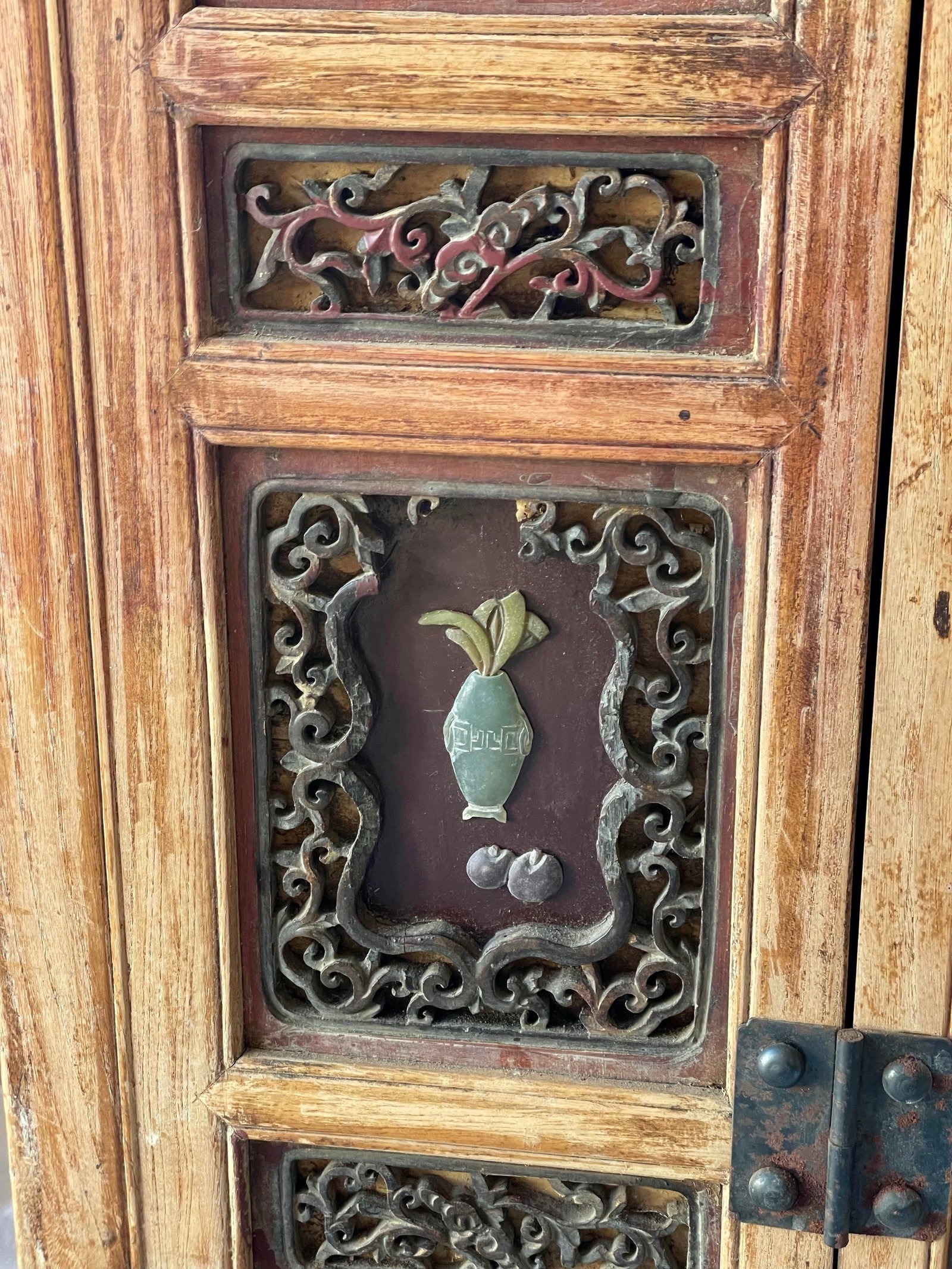 Mid 20th Century Asian Red Brown Sideboard/Cabinet Carved Wood Applied Hardstone Figural - 4