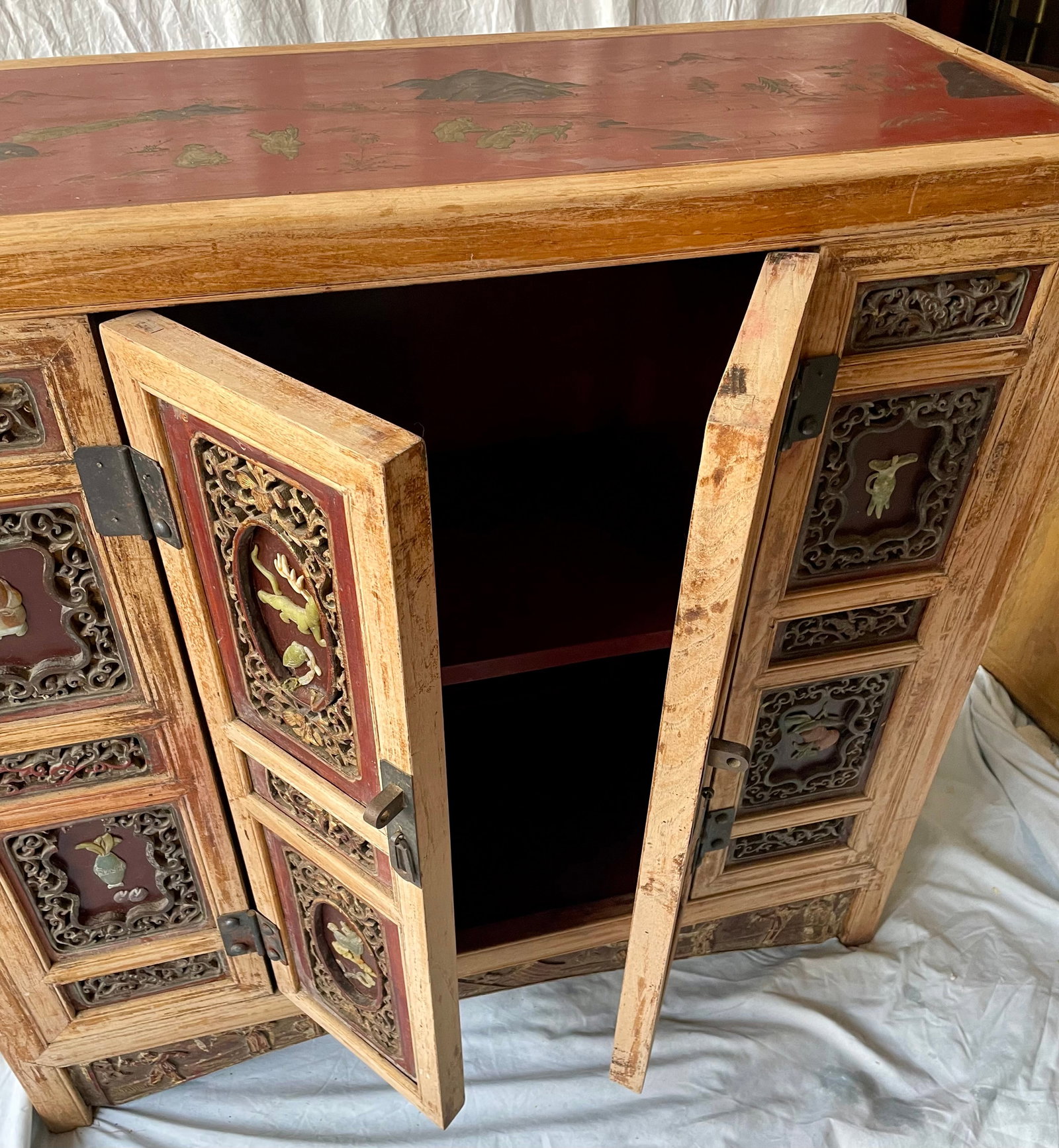 Mid 20th Century Asian Red Brown Sideboard/Cabinet Carved Wood Applied Hardstone Figural - 8